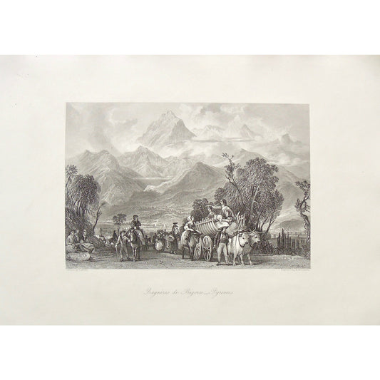 Bagnères de Bigorre, Bagnères, Bigorre, Pyrenees, Hautes-Pyrénées, France, Occitanie, Southwestern France, Ox and Carriage, Ox drawn carriage, Horses, Horseback riding, riding, road, travellers, Mountains, Mountain Range, Pyrenees Mountains, convoy, Allom, Thomas Allom, T. Allom, A. Willmore, Willmore, Steel engraving, Europe Illustrated, London Printing and Publishing Company, London, 1876-79, 1876, 1879, Sherer, John Sherer, Antique Print, Antique, Prints, Vintage, Vintage Art, Vintage Prints, Art, Wa
