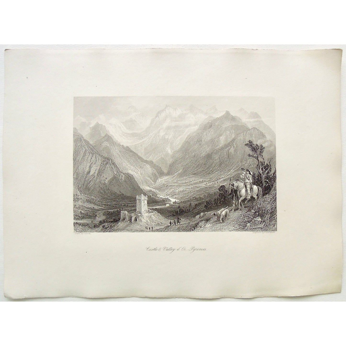 Castle, Castle and Valley, Castle and Valley d'Oo, Pyrenees, Pyrenees Mountains, Mountains, Mountain range, Horse, Horseback riding, Riding, Horn, Touting a horn, blowing a horn, dogs, ruins, distant view, Valley d'Oo, France, S. Bradshaw, Bradshaw, Allom, Thomas Allom, T. Allom, Steel engraving, Europe Illustrated, London Printing and Publishing Company, London, 1876-79, 1876, 1879, Sherer, John Sherer, Antique Print, Antique, Prints, Vintage, Vintage Art, Vintage Prints, Art, Wall art, Decor, wall decor,
