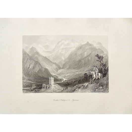 Castle, Castle and Valley, Castle and Valley d'Oo, Pyrenees, Pyrenees Mountains, Mountains, Mountain range, Horse, Horseback riding, Riding, Horn, Touting a horn, blowing a horn, dogs, ruins, distant view, Valley d'Oo, France, S. Bradshaw, Bradshaw, Allom, Thomas Allom, T. Allom, Steel engraving, Europe Illustrated, London Printing and Publishing Company, London, 1876-79, 1876, 1879, Sherer, John Sherer, Antique Print, Antique, Prints, Vintage, Vintage Art, Vintage Prints, Art, Wall art, Decor, wall decor, 