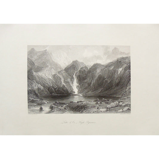 Lake d'Oo, Lac d'Oo, Pyrenees, Lake, Lac, Haute-Pyrenees, Pyrenees Mountains, Mountain range, waterfall, Cows, cattle, village, France, Commune of Oo, distant view, Bently, J. C. Bently, Allom, Thomas Allom, T. Allom, Steel engraving, Europe Illustrated, London Printing and Publishing Company, London, 1876-79, 1876, 1879, Sherer, John Sherer, Antique Print, Antique, Prints, Vintage, Vintage Art, Vintage Prints, Art, Wall art, Decor, wall decor, design, engraving, original, authentic, Collectors, Collectable