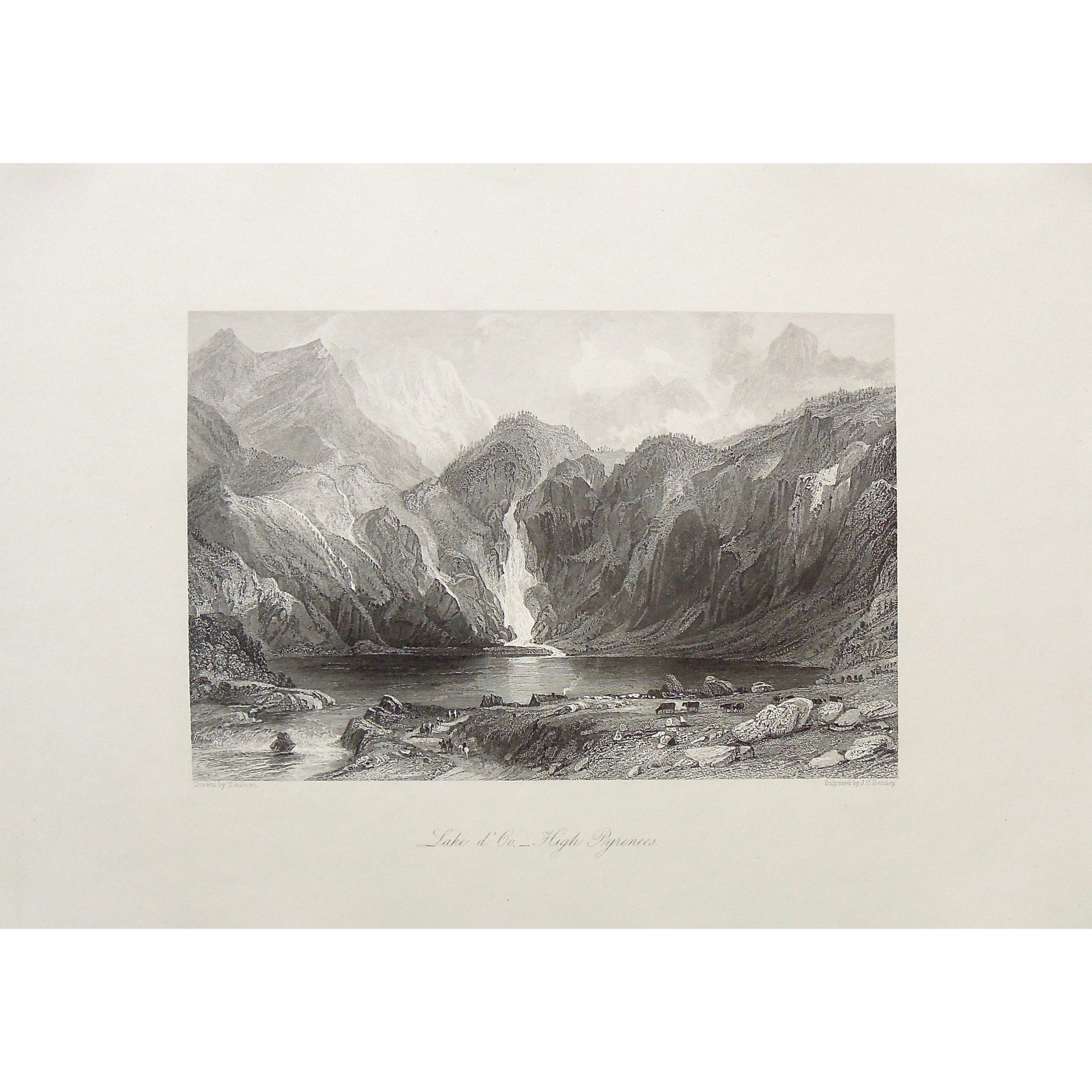 Lake d'Oo, Lac d'Oo, Pyrenees, Lake, Lac, Haute-Pyrenees, Pyrenees Mountains, Mountain range, waterfall, Cows, cattle, village, France, Commune of Oo, distant view, Bently, J. C. Bently, Allom, Thomas Allom, T. Allom, Steel engraving, Europe Illustrated, London Printing and Publishing Company, London, 1876-79, 1876, 1879, Sherer, John Sherer, Antique Print, Antique, Prints, Vintage, Vintage Art, Vintage Prints, Art, Wall art, Decor, wall decor, design, engraving, original, authentic, Collectors, Collectable