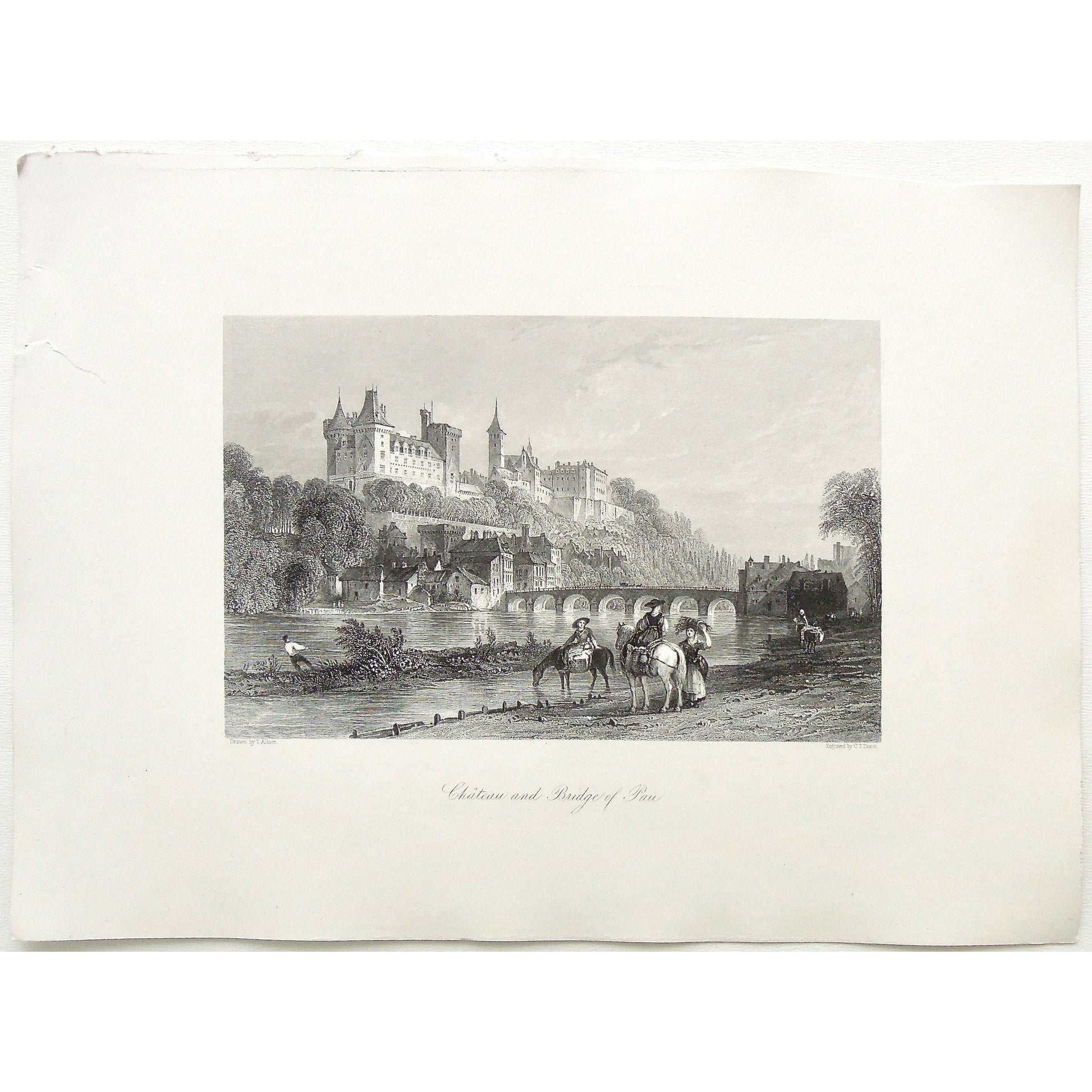 Château, Castle, Château de Pau, Castle of Pau, Pau, Bridge, Bridge of Pau, Horses, Horseback riding, Riding, Castle on a hill, Town, by the water, building, Pyrenees, France, C.T. Dixon, Dixon, Allom, Thomas Allom, T. Allom, Steel engraving, Europe Illustrated, London Printing and Publishing Company, London, 1876-79, 1876, 1879, Sherer, John Sherer, Antique Print, Antique, Prints, Vintage, Vintage Art, Vintage Prints, Art, Wall art, Decor, wall decor, design, engraving, original, authentic, Collectors, C