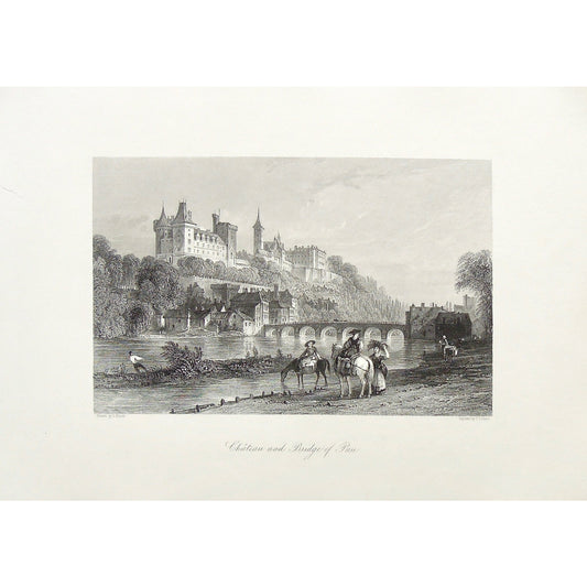 Château, Castle, Château de Pau, Castle of Pau, Pau, Bridge, Bridge of Pau, Horses, Horseback riding, Riding, Castle on a hill, Town, by the water, building, Pyrenees, France, C.T. Dixon, Dixon, Allom, Thomas Allom, T. Allom, Steel engraving, Europe Illustrated, London Printing and Publishing Company, London, 1876-79, 1876, 1879, Sherer, John Sherer, Antique Print, Antique, Prints, Vintage, Vintage Art, Vintage Prints, Art, Wall art, Decor, wall decor, design, engraving, original, authentic, Collectors, C