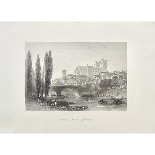 City of Auch, City, Auch, Pyrenees, Bridge, castle, town, Village, view, by the water, soldier, soldiers, horses, horses in the water, man drowning, cavalry, buildings, Southwestern France, France, Gers, Gascony, Willmore, A. Willmore, Allom, Thomas Allom, T. Allom, Steel engraving, Europe Illustrated, London Printing and Publishing Company, London, 1876-79, 1876, 1879, Sherer, John Sherer, Antique Print, Antique, Prints, Vintage, Vintage Art, Vintage Prints, Art, Wall art, Decor, wall decor, design, engrav