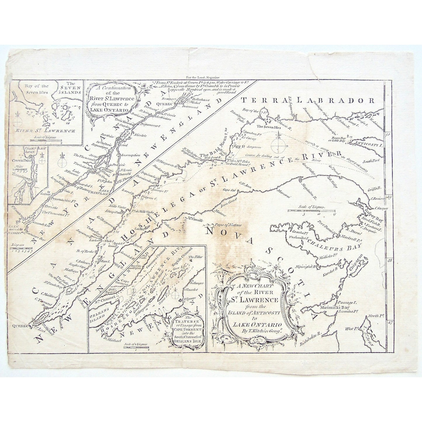 Terra Labrador, Labrador, River St. Lawrence, St. Lawrence River, Canada, New England, Nova Scotia, Hochelaga, Chart, River, Charting, Map, Maps, Bay of Seven Isles, Lake Ontario, New York, Chaleur Bay, Cape Torment, South Channel, Orleans Isle, Bald Mountains, Quebec, Canada, Anticosti, Island, Ticonderoga, Champlain, Crown Point, Lake champlain, Seven Isles, Trois Rivieres, Thomas Kitchin, Kitchin, 1759, London Magazine, London, Magazine, Mag., Map, Maps, Mapping, Chart, Charts, Charting, Copperplate, Eng
