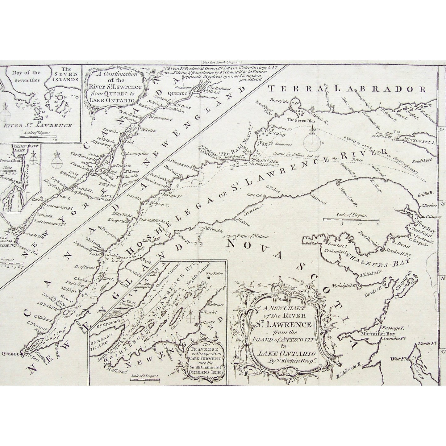 Terra Labrador, Labrador, River St. Lawrence, St. Lawrence River, Canada, New England, Nova Scotia, Hochelaga, Chart, River, Charting, Map, Maps, Bay of Seven Isles, Lake Ontario, New York, Chaleur Bay, Cape Torment, South Channel, Orleans Isle, Bald Mountains, Quebec, Canada, Anticosti, Island, Ticonderoga, Champlain, Crown Point, Lake champlain, Seven Isles, Trois Rivieres, Thomas Kitchin, Kitchin, 1759, London Magazine, London, Magazine, Mag., Charts, Mapping,