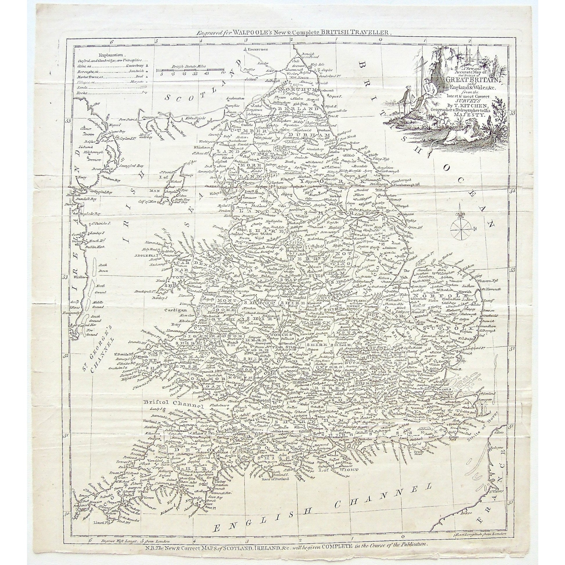 Walpoole, Great Britain, England, Wales, Surveys, Thomas Kitchin, Kitchin, New & Complete British Traveller, British Traveller, British, Traveller, Geographer, Hydrographer, His Majesty, Scotland, British Ocean, Irish Sea, Ireland, St. George's Channel, Bristol Channel, English Channel, Straits of Dover, France, Map, Mapping, Maps, Chart, Charts, Charting, 1757, Copperplate, Copper, Engraving, Antique Map, Antique Maps, Antique Print, Antique prints, Wall map, Wall decor, art, history, Original, print, Anti