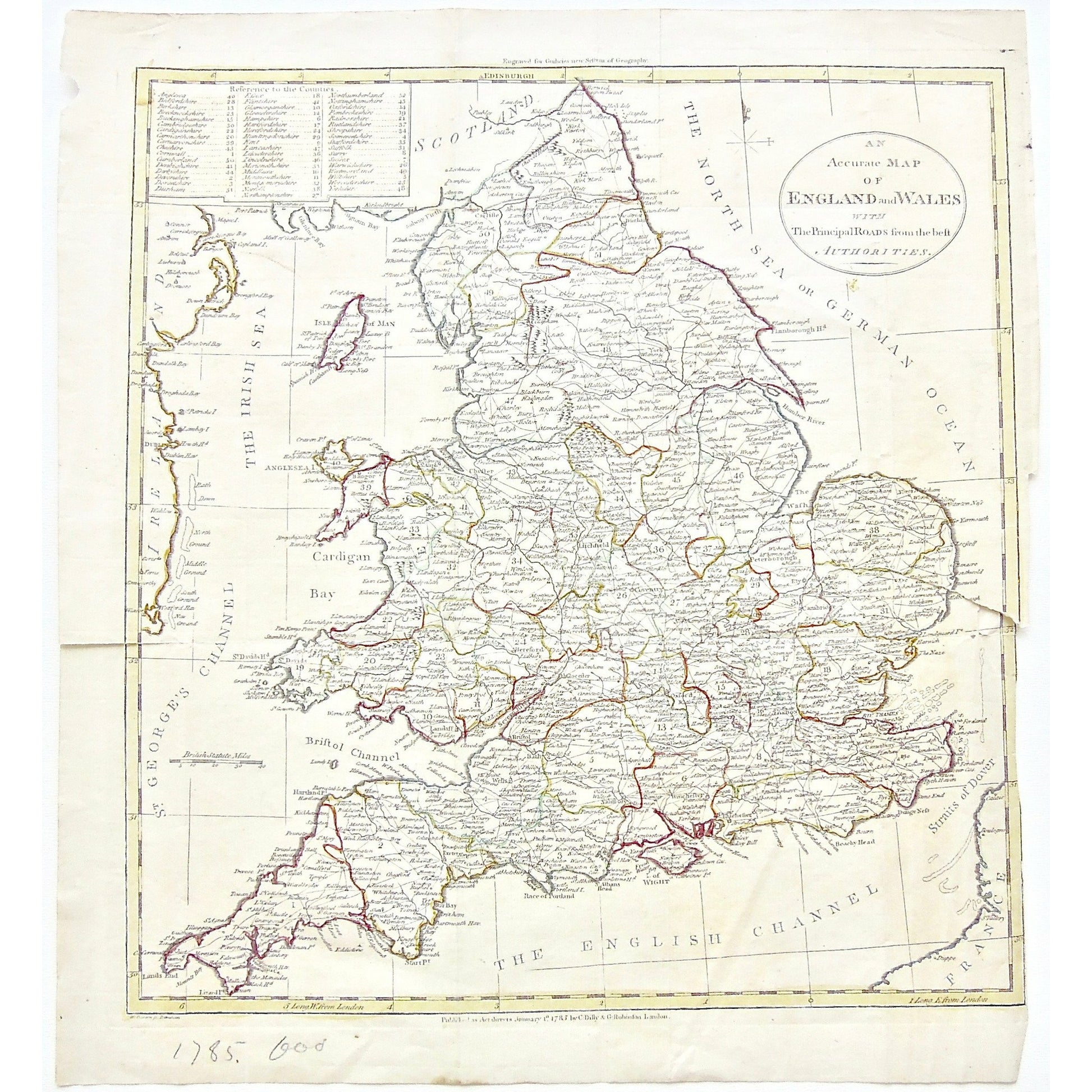 Accurate Map of England and Wales, Accurate, Map, Maps, Mapping, Chart, Charts, Charting, England, Wales, Scotland, North Sea, German Ocean, British Sea, St. George's Channel, Cardigan Bay, Bristol Channel, English Channel, Straits of Dover, Ireland, France, Isle of Man, Irish Sea, Isle of Wight, Strat point, Humber River, The Wash, Anglesea Island, Anglesea, 1785, C. Dilly, Dilly, G. Robinson, Robinson, Guthrie's New System of Geography, Guthrie, Guthrie's, New System of Geography, Copperplate, Copper, Eng