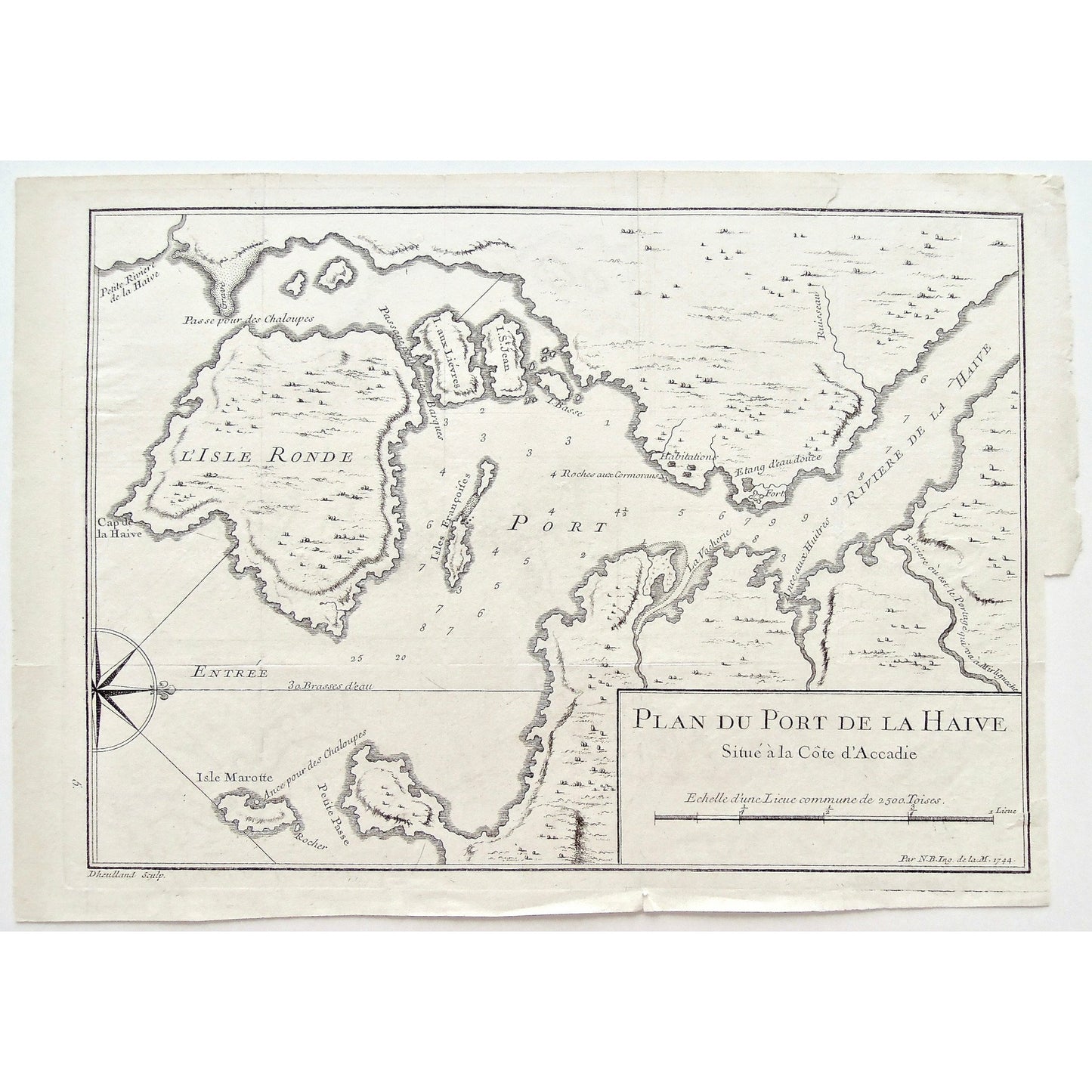 Plan du Port de la Haive, Plan, Port de la Haive, Riviere de la Haive, La Haive, à côte d'Accadie, l'Accadie, Ance aux huitres, Port, Fort, isle Marotte, Ance pour des Chaloupes, Isle Ronde, Cape de la Haive, Isle aux Liévres, Isle st. Jean, Isles Françoises, Habitations, Roches aux Cormorans, Isle Basse, Compass, Nicolas Bellin, Jacques Nicolas Bellin, Charlevoix, 1744, Ingenieur Marine, Marine Engineer, Dheulland, Map, Maps, Mapping, Chart, Charts, Charting, Antique Map, Antique Print, Antique, Prints