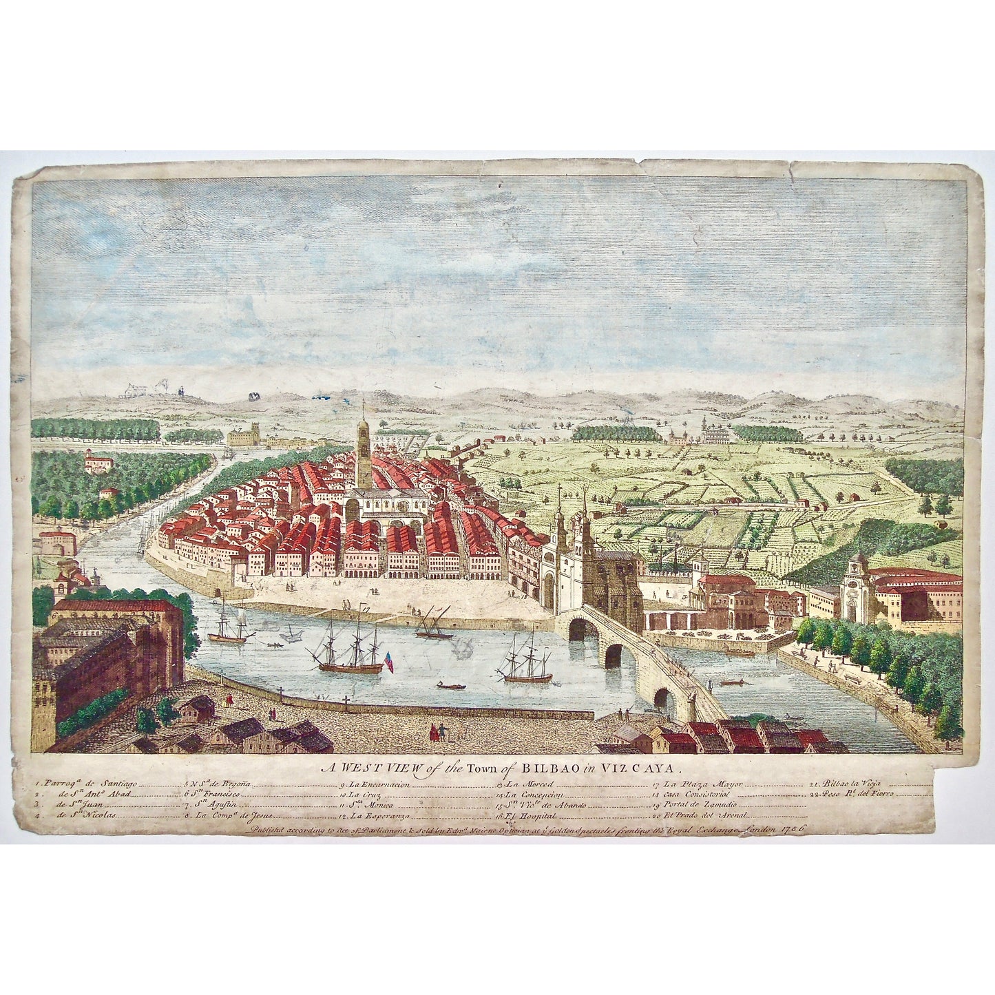 Bilbao in Vizcaya, Spain, Spanish, Spanish town, on the river, Parroqua de Santiago, Parroque, San Antonio Abad, San Juan, San Nicolas, Sa de Begoña, San Francisco, San Augustin, La Compa de Jesus, La Encarnacion, La Cruz, Santa Monica, La Esperanza, La Merced, La Concepcion, San Victoria de Abando, El Hospital, La Plaza Mayor, Casa Consistorial, Portal de Zamudio, El Prado del Arenal, Bilbao la Vieja, Peso Rt. del Fierro, West View of Bilbao, West View, Bilbao, Town of Bilbao, Vizcaya, Nairne, Edward, art