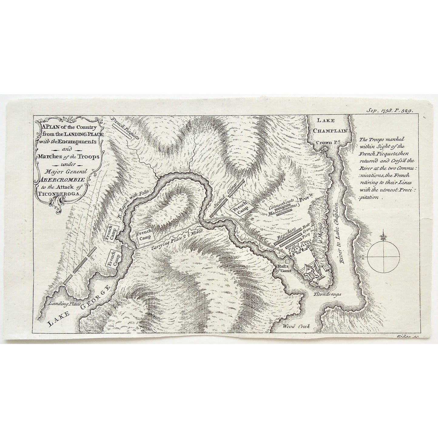 Plan, Landing Place, Encampments, Marches of the Troops, Marches, Troops, Major General Abercrombie, Abercrombie, Attack of Ticonderoga, Attack, Ticonderoga, Lake George, French Camp, French encampments, River Rapid with Falls, French Picquets, Carrying Place, Second Camp, Raft of Guns, Wood Creek, River to Lake Champlain, Lake Champlain, Crown Point, Connecticut, Massachusetts, Regulars, Ridge, Antique Prints, Antique, Prints, Original, Map, Maps, Map making, Rare Maps, Plans, Chart, Charts, Charting, art,