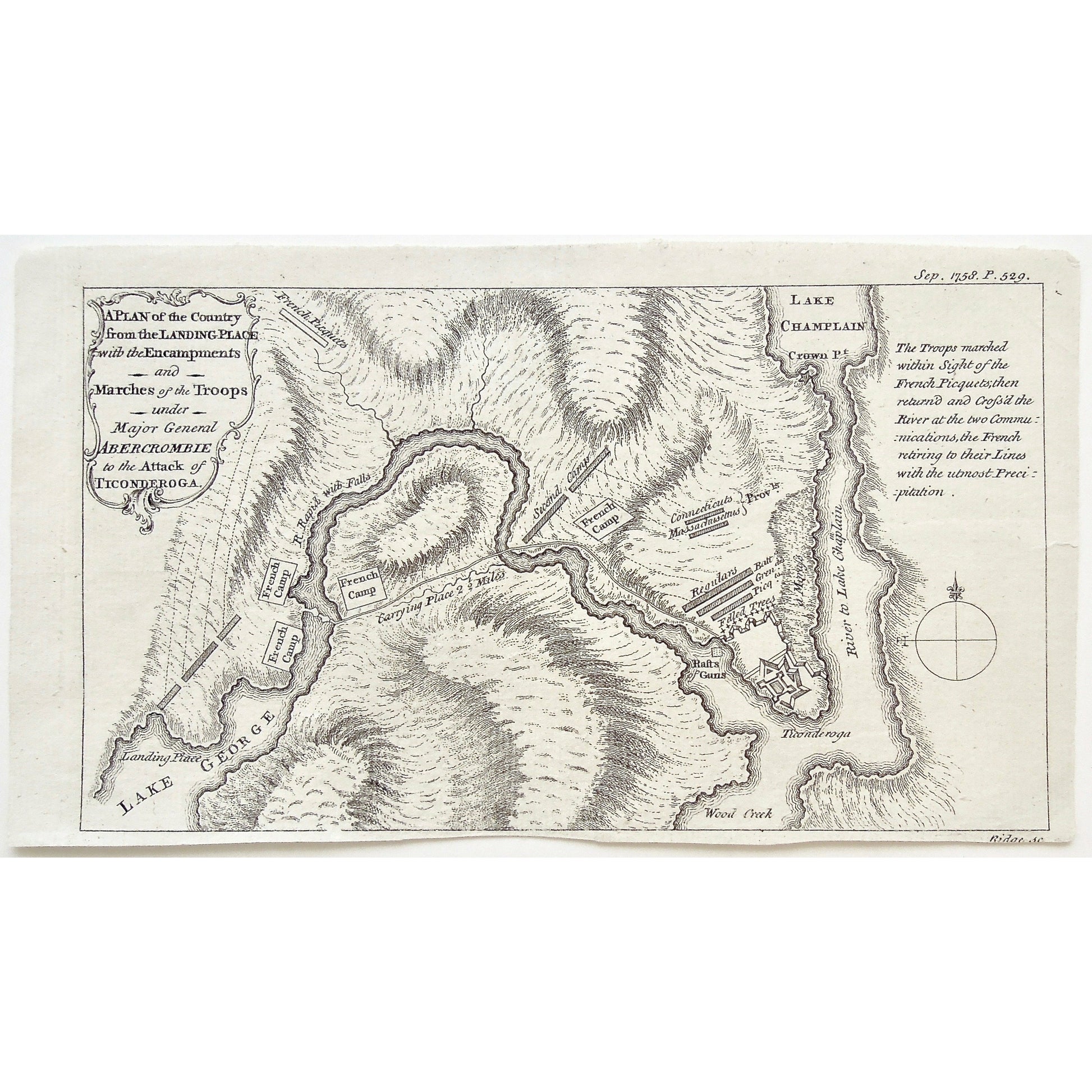 Plan, Landing Place, Encampments, Marches of the Troops, Marches, Troops, Major General Abercrombie, Abercrombie, Attack of Ticonderoga, Attack, Ticonderoga, Lake George, French Camp, French encampments, River Rapid with Falls, French Picquets, Carrying Place, Second Camp, Raft of Guns, Wood Creek, River to Lake Champlain, Lake Champlain, Crown Point, Connecticut, Massachusetts, Regulars, Ridge, Antique Prints, Antique, Prints, Original, Map, Maps, Map making, Rare Maps, Plans, Chart, Charts, Charting, art,