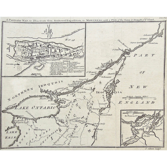 Particular Map, Map, Gen. Amherst, General Amherst, General Amherst's Expedition, Expedition to Montreal, Montreal, Expedition, Plan of the Town, Draught, Part of New England, New England, Orleans, Quebec, Jacques Cartier, Chambeau, Three Rivers, Trois Rivieres, Sorel, St. Peters Chamblis, Lake Champlain, Crown Point, Irocoisia, Iroquois, Parish Church, Seminary, Nunnery Hospital, General Hospital, Jesuit Church, Aresnal, Yard for Canoes, Batteau, Map, Maps, Mapping, Chart, Charts, Charting, Boucherville, 