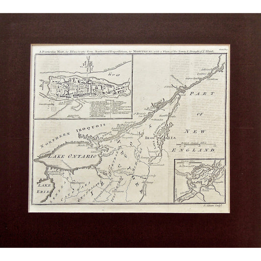 Particular Map, Map, Gen. Amherst, General Amherst, General Amherst's Expedition, Expedition to Montreal, Montreal, Expedition, Plan of the Town, Draught, Part of New England, New England, Orleans, Quebec, Jacques Cartier, Chambeau, Three Rivers, Trois Rivieres, Sorel, St. Peters Chamblis, Lake Champlain, Crown Point, Irocoisia, Iroquois, Parish Church, Seminary, Nunnery Hospital, General Hospital, Jesuit Church, Aresnal, Yard for Canoes, Batteau, Map, Maps, Mapping, Chart, Charts, Charting, Boucherville, 