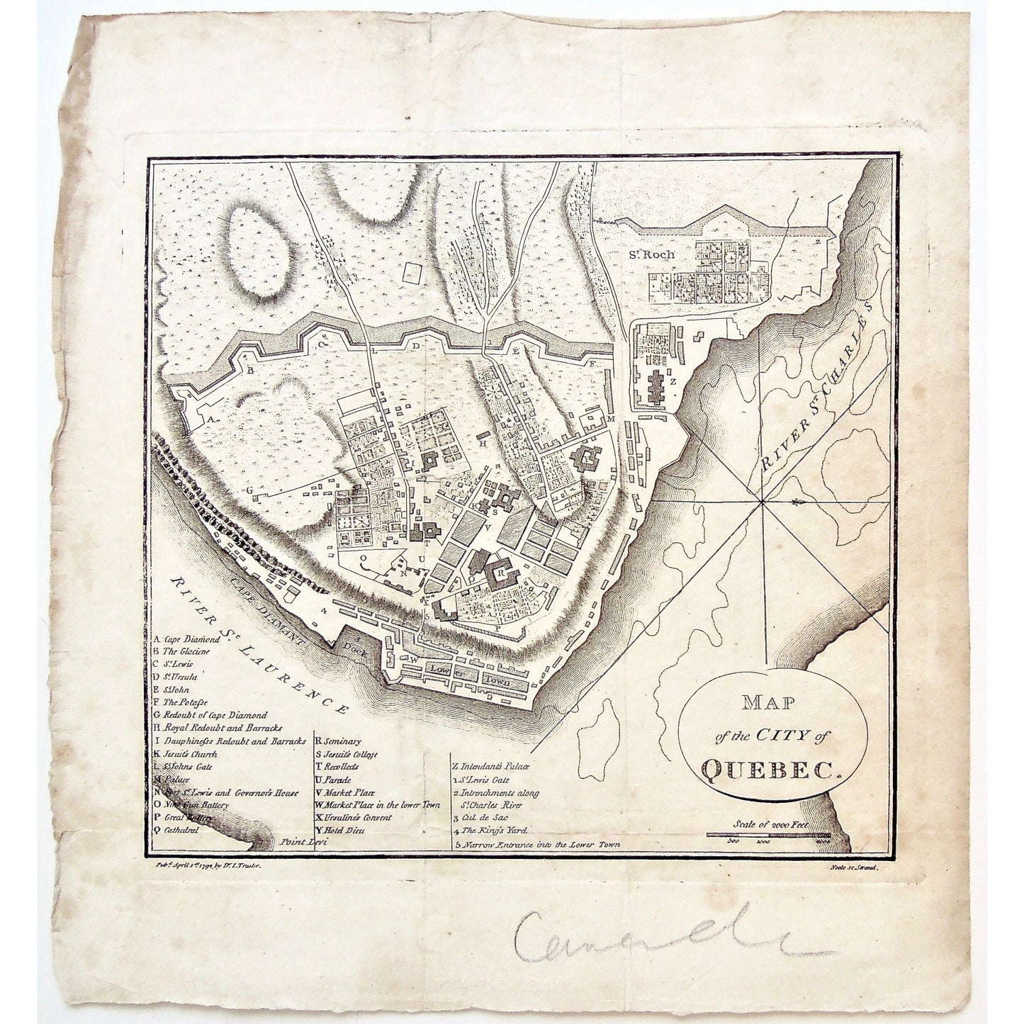 Map, Map of the City of Quebec, Map of Quebec City, Quebec City, St. Charles River, St. Roch, Lower town, Cape Diamant, Cape Diamond, Glaciene, St. Lewis, St. Ursula, St. John Potasse, Redoubt of Cape Diamond, Royal Redoubt, Royal Barracks, Barracks, Dauphiness' Redoubt, Dauphiness, Jesuits Church, Palace, St. John's Gate, Governor's House, Fort St. Lewis, Nine Gun battery, Great Battery, Intendant's Palace, St. Lewis Gate, King's Yard, Maps, Mapping, Chart, Charts, Charting, Hotel Dieu, Ursuline Convent,