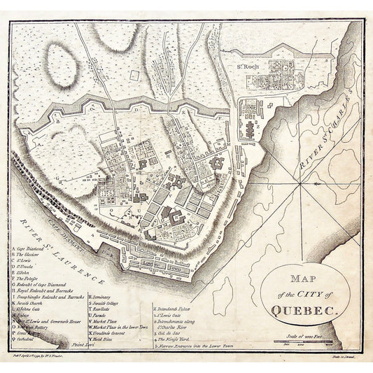Map, Map of the City of Quebec, Map of Quebec City, Quebec City, St. Charles River, St. Roch, Lower town, Cape Diamant, Cape Diamond, Glaciene, St. Lewis, St. Ursula, St. John Potasse, Redoubt of Cape Diamond, Royal Redoubt, Royal Barracks, Barracks, Dauphiness' Redoubt, Dauphiness, Jesuits Church, Palace, St. John's Gate, Governor's House, Fort St. Lewis, Nine Gun battery, Great Battery, Cathedral, Seminary, Jesuit's College, Recollects, Parade, Market Place, Ursuline's Convent, Hotel Dieu, Antique Prints,