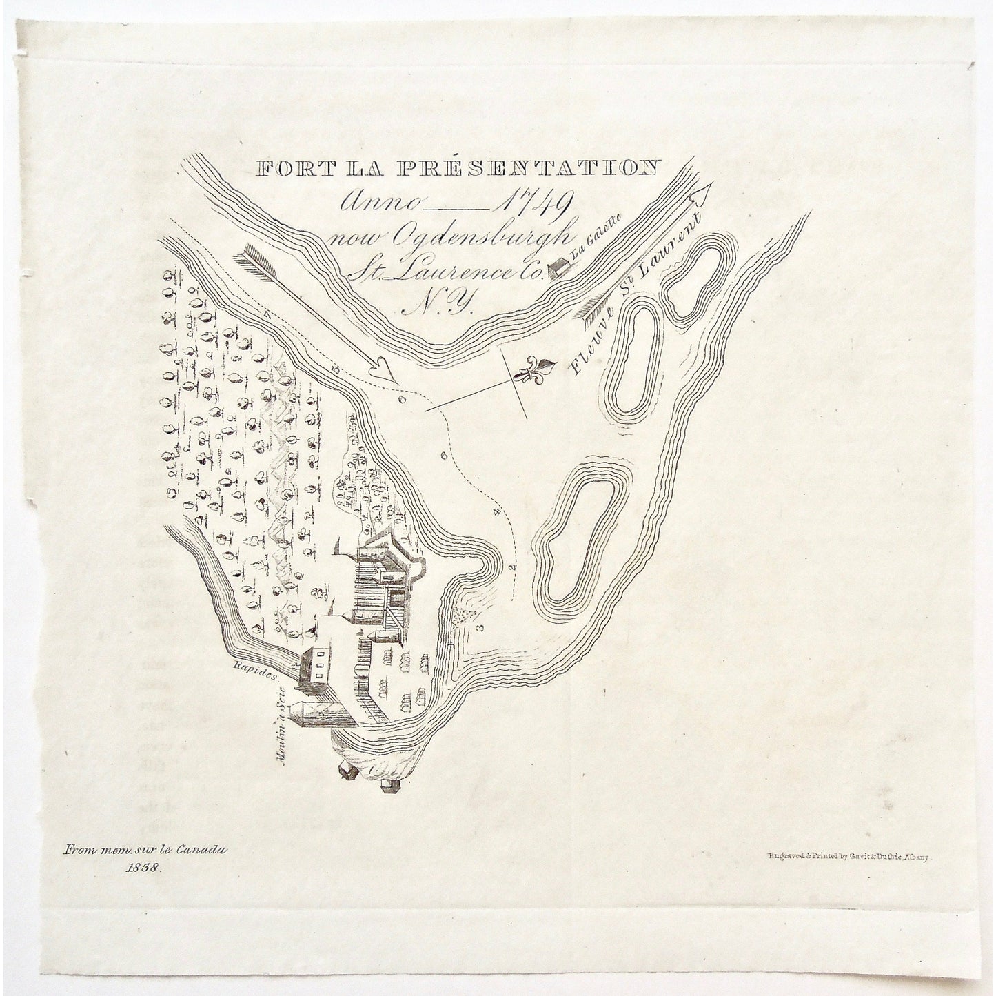 Fort La Présentation, 1749, Ogdensburgh, St. Lawrence, Fleuve St. Laurent, St. Lawrence River, Rapids, La Galette, Moulin a Seie, 1858, Mem. sur le Canada, Memoires sur le Canada, Map, Maps, mapping, Chart, Charts, Charting, Gavit & Duthie, Gavit and Duthie, Albany, Antique Print, Antique Prints, Prints, Map making, engraving, original, rare, unique, rare books, rare prints, vintage, home decor, interior decor, gallery wall, inspiration, town, village, plans, River, River way, Fort, Forts, Battle, Army,