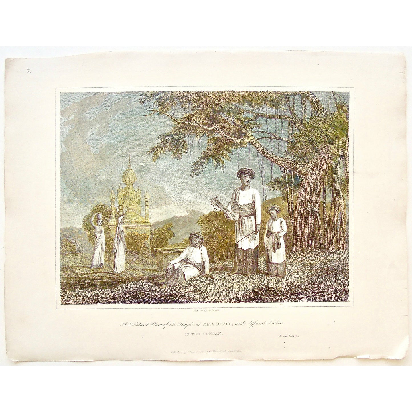 Distant view, View, Temple, Alla Bhaug, Native, Natives, Concan, India, Indian, Instrument, building, attire, clothing, allah Bhaag, Konkan, Karnataka, Goa, Maharashtra, children, sari, Water Carrying, Carrying water on head, Carrying water, pots, Scenery, James Forbes, Forbes, Oriental Memoirs, Oriental, Memoirs, Seventeen Years Residence in India, White, Cochrane & Co., Horace’s Head, Fleet Street, London, 1813, 1812, 1772, Heath, Bensley, Bolt Court, Antique Print, Antique, Prints, Vintage Prints, Vintag