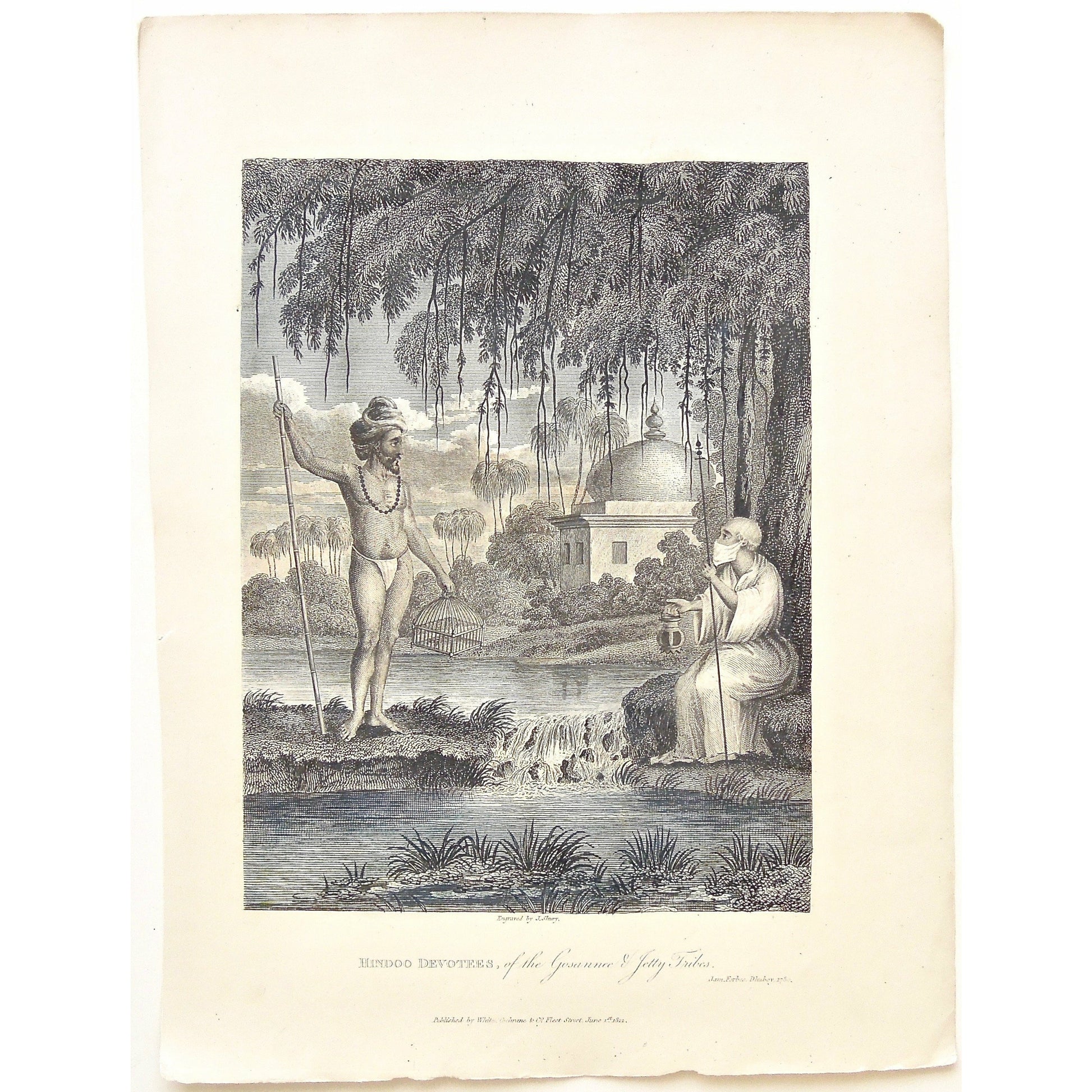 Hindoo, Hindu, Hindoo Devotees, Hindu Devotee, Devotees, Gosannee, Gosannee Tribe, Jetty, Jetty Tribe, Tribe, Native, Natives, Walking stick, bird cage, conversing, temple, India, Indian, scenery, James Forbes, Forbes, Oriental Memoirs, Oriental, Memoirs, Seventeen Years Residence in India, White, Cochrane & Co., Horace’s Head, Fleet Street, London, 1813, 1812, 1780, Shury, Bensley, Bolt Court, Antique Print, Antique, Prints, Vintage Prints, Vintage, Collector, Collectable, Original, Unique, Rare Map, Rare,