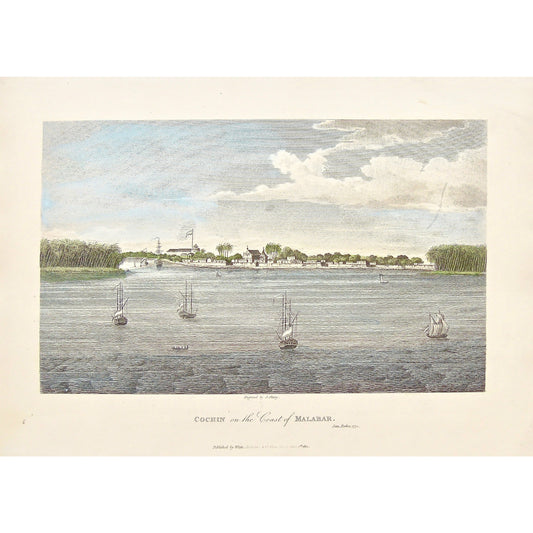 Cochin, Coast of Malabar, Malabar, Coast, Coastline, Ships, Shipping, Sailboats, Boats, India, Indian, Indian Village, On the water, James Forbes, Forbes, Oriental Memoirs, Oriental, Memoirs, Seventeen Years Residence in India, White, Cochrane & Co., Horace’s Head, Fleet Street, London, 1812, 1813, 1772, Shury, Bensley, Bolt Court, Antique Print, Antique, Prints, Vintage Prints, Vintage, Collector, Collectable, Original, Unique, Rare Map, Rare, Rare books, engravings, engraving, steel engraving, art history