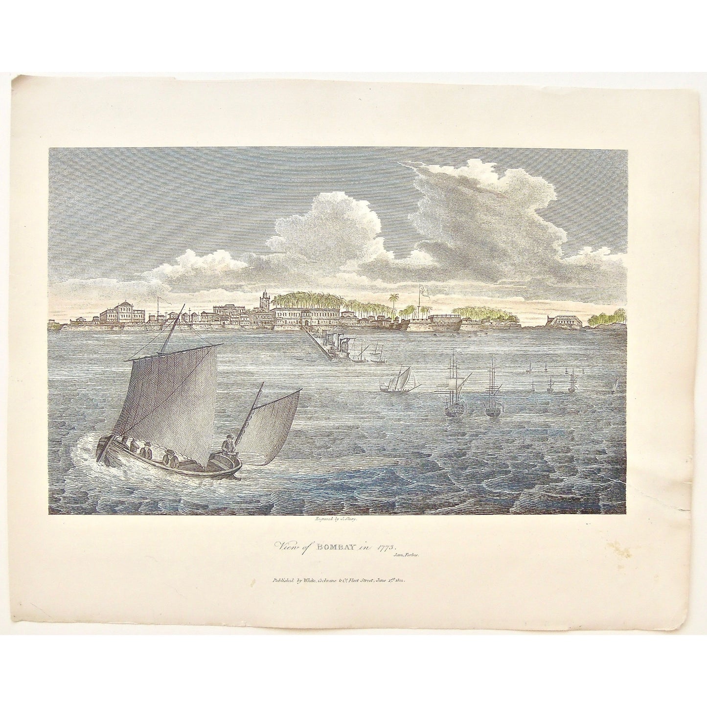 Bombay, 1773, View of Bombay, Bombay from the water, boats, sailing, sailboats, Ships, Coastal town, on the water, India, James Forbes, Forbes, Oriental Memoirs, Oriental, Memoirs, Seventeen Years Residence in India, White, Cochrane & Co., Horace’s Head, Fleet Street, London, 1812, 1813, Shury, Bensley, Bolt Court, Antique Print, Antique, Prints, Vintage Prints, Vintage, Collector, Collectable, Original, Unique, Rare Map, Rare, Rare books, engravings, engraving, steel engraving, art history, history, histor