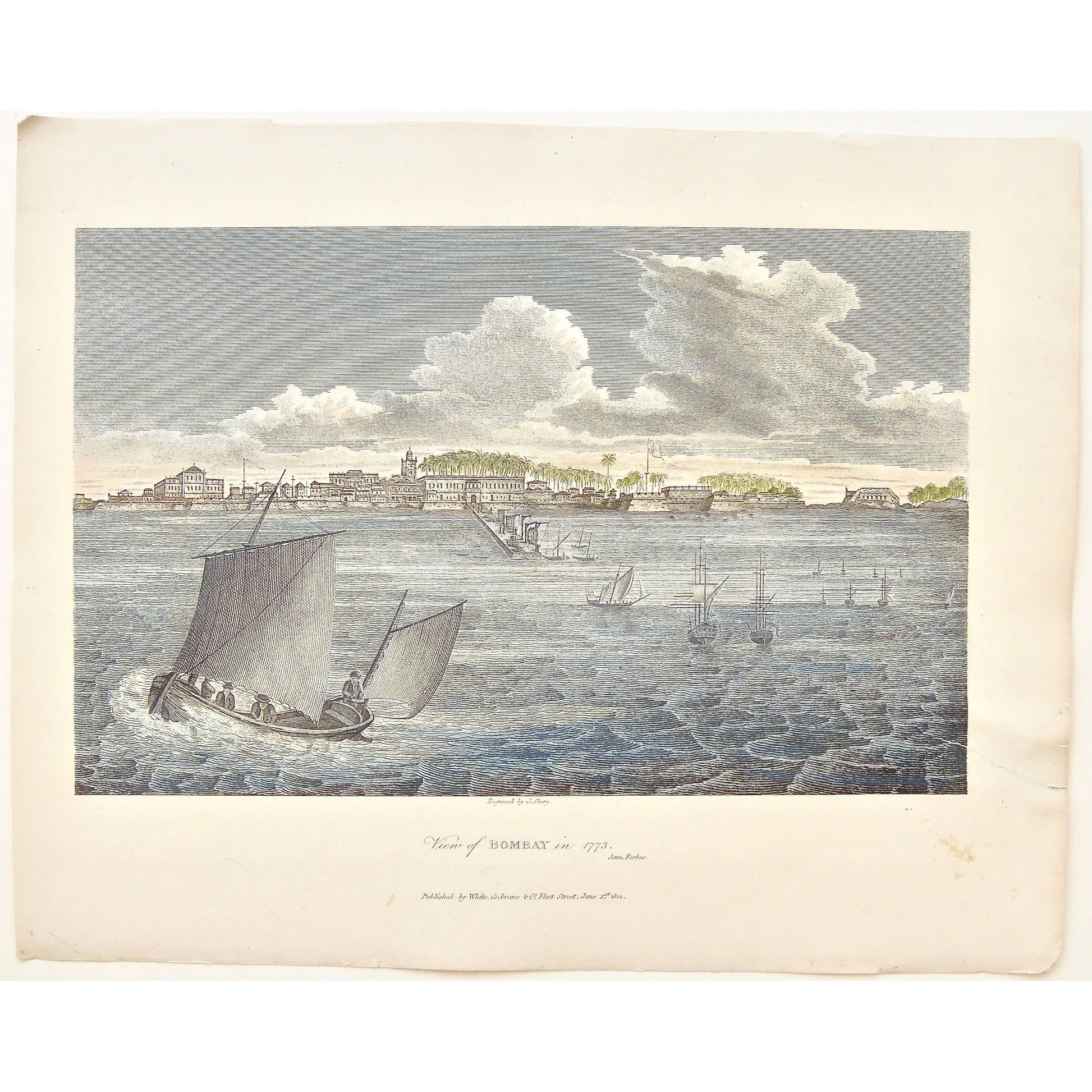 Bombay, 1773, View of Bombay, Bombay from the water, boats, sailing, sailboats, Ships, Coastal town, on the water, India, James Forbes, Forbes, Oriental Memoirs, Oriental, Memoirs, Seventeen Years Residence in India, White, Cochrane & Co., Horace’s Head, Fleet Street, London, 1812, 1813, Shury, Bensley, Bolt Court, Antique Print, Antique, Prints, Vintage Prints, Vintage, Collector, Collectable, Original, Unique, Rare Map, Rare, Rare books, engravings, engraving, steel engraving, art history, history, histor