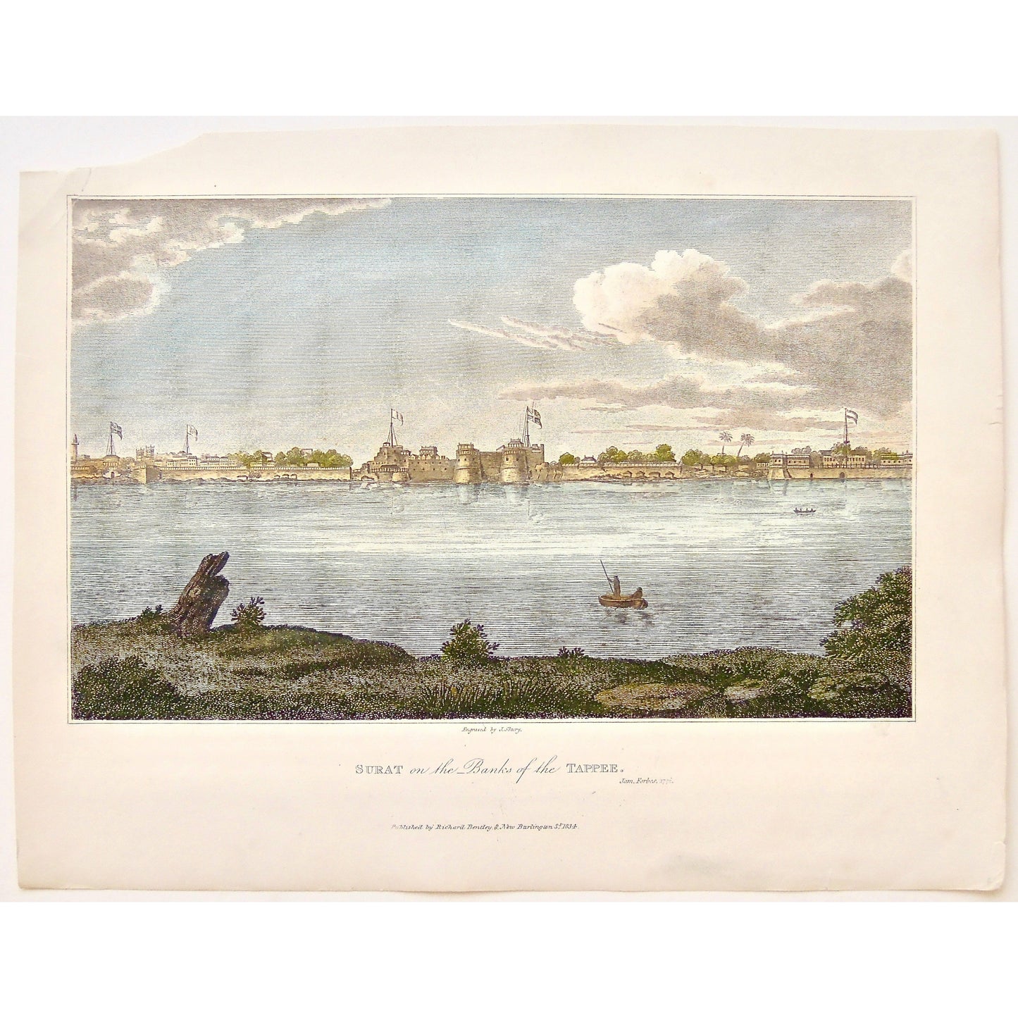 Surat, Surat on the banks of the Tappee, Bans of the Tappee, Tappee, Banks, Fort, Fortress, Flags, India, Indian Castle, Indian Fort, Indian Flags, on the water, James Forbes, Forbes, Eliza Rosée, Countess De Montalembert, Oriental Memoirs, Narrative of Seventeen Years Residence in India, Bentley, 8 New Burlington Street, London, Shury, Nichols & Son, 25 Parliament Street, 1772, 1834, Antique Print, Antique, Prints, Vintage Prints, Vintage, Collector, Collectable, Original, Unique, Rare Map, Rare, Rare boo