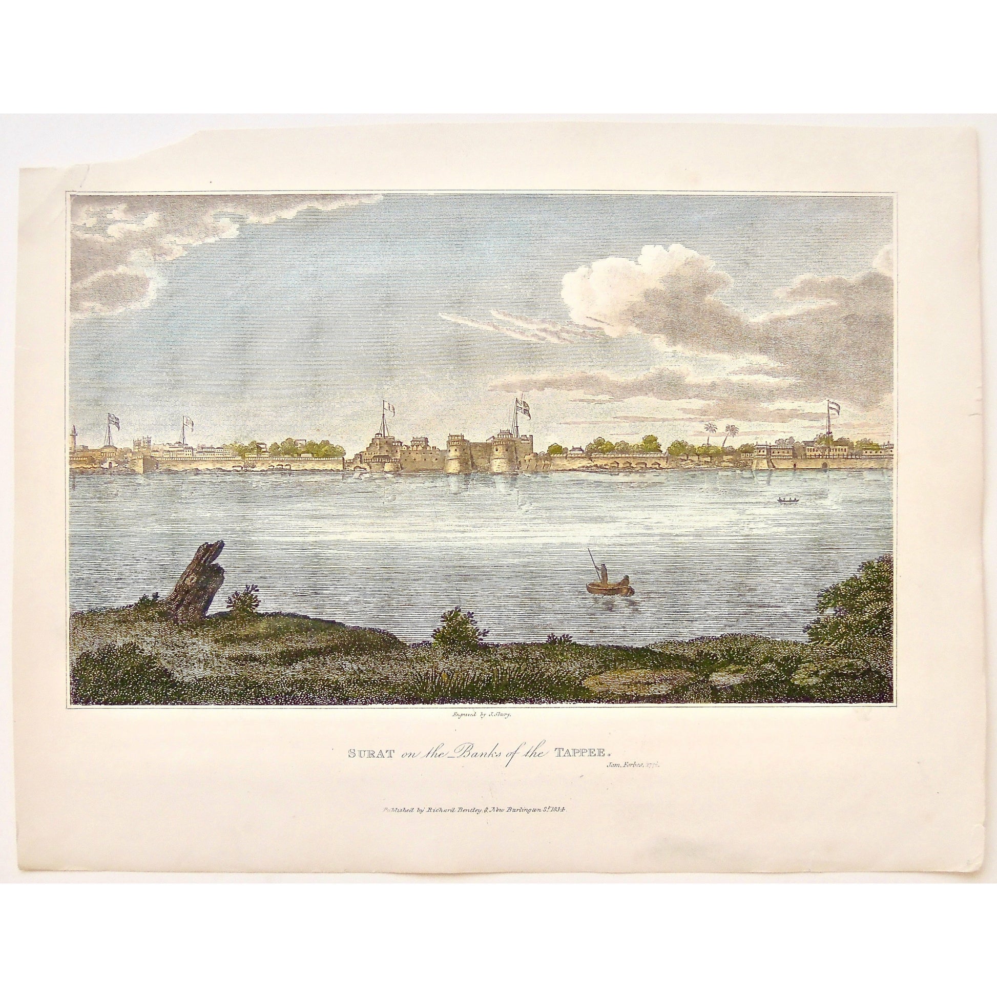 Surat, Surat on the banks of the Tappee, Bans of the Tappee, Tappee, Banks, Fort, Fortress, Flags, India, Indian Castle, Indian Fort, Indian Flags, on the water, James Forbes, Forbes, Eliza Rosée, Countess De Montalembert, Oriental Memoirs, Narrative of Seventeen Years Residence in India, Bentley, 8 New Burlington Street, London, Shury, Nichols & Son, 25 Parliament Street, 1772, 1834, Antique Print, Antique, Prints, Vintage Prints, Vintage, Collector, Collectable, Original, Unique, Rare Map, Rare, Rare boo