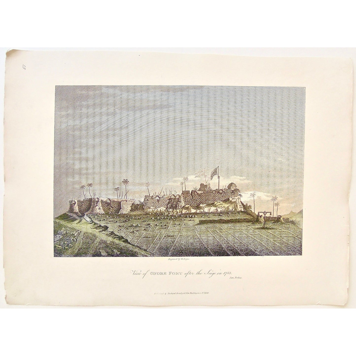 View of the Onore Fort, Onore Fort, View, Onore Fort after the siege of 1783, Siege of 1783, Fort, Fortress, India, Indian, Indian Flag, Indian Fort, Structure, Indian Architecture, Architecture, Manicured landscape, stone fort, James Forbes, Forbes, Eliza Rosée, Countess De Montalembert, Oriental Memoirs, Narrative of Seventeen Years Residence in India, Bentley, 8 New Burlington Street, London, Angus, Nichols & Son, 25 Parliament Street, 1783, 1834, Antique Print, Antique, Prints, Vintage Prints, Vintage,