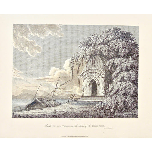Small Hindoo Temple, Hindoo Temple, Hindoo, Temple, Small Hindu Temple, Hindu, Hindu Temple, Bank of Nerbudda, Nerbudda, India, India, Indian architecture, Indian Temple, on the water, temple entrance, Indian landscape, James Forbes, Forbes, Eliza Rosée, Countess De Montalembert, Oriental Memoirs, Narrative of Seventeen Years Residence in India, Bentley, 8 New Burlington Street, London, Shury, Nichols & Son, 25 Parliament Street, 1778, 1834, Antique Print, Antique, Prints, Vintage Prints, Vintage, Collector