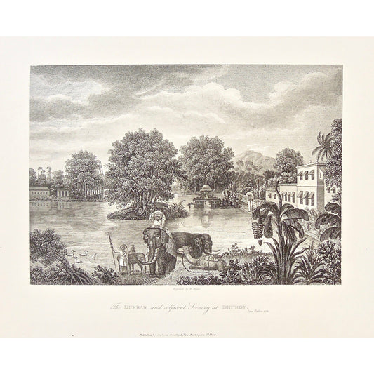 Donkeys, by the water, riding an elephant, elephant in the water, Indian scenery, Indian landscape, Indian Wildlife, Wildlife, On the water, James Forbes, Forbes, Eliza Rosée, Countess De Montalembert, Oriental Memoirs, Narrative of Seventeen Years Residence in India, Bentley, 8 New Burlington Street, London, Angus, Nichols & Son, 25 Parliament Street, 1781, 1834, Antique Print, Antique, Prints, Vintage Prints, Vintage, Collector, Collectable, Original, Unique, Rare Map, Rare, Rare books, engravings, engra