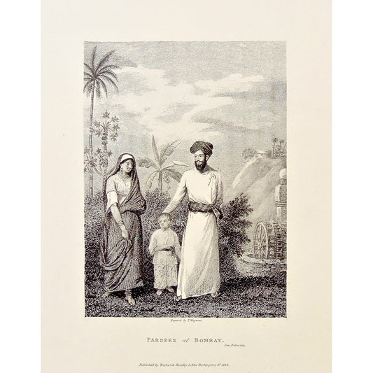 Parsees, Parsee, Bombay, Parsees at Bombay, India, Indian, Parsee Indian, Parsee Family, Indian Family, Indian Attire, Indian Clothing, Indian Dress, well water, Sari, Indian Sari, James Forbes, Forbes, Eliza Rosée, Countess De Montalembert, Oriental Memoirs, Narrative of Seventeen Years Residence in India, Bentley, 8 New Burlington Street, London, Wageman, Nichols & Son, 25 Parliament Street, 1769, 1834, Antique Print, Antique, Prints, Vintage Prints, Vintage, Collector, Collectable, Original, Unique, Rar