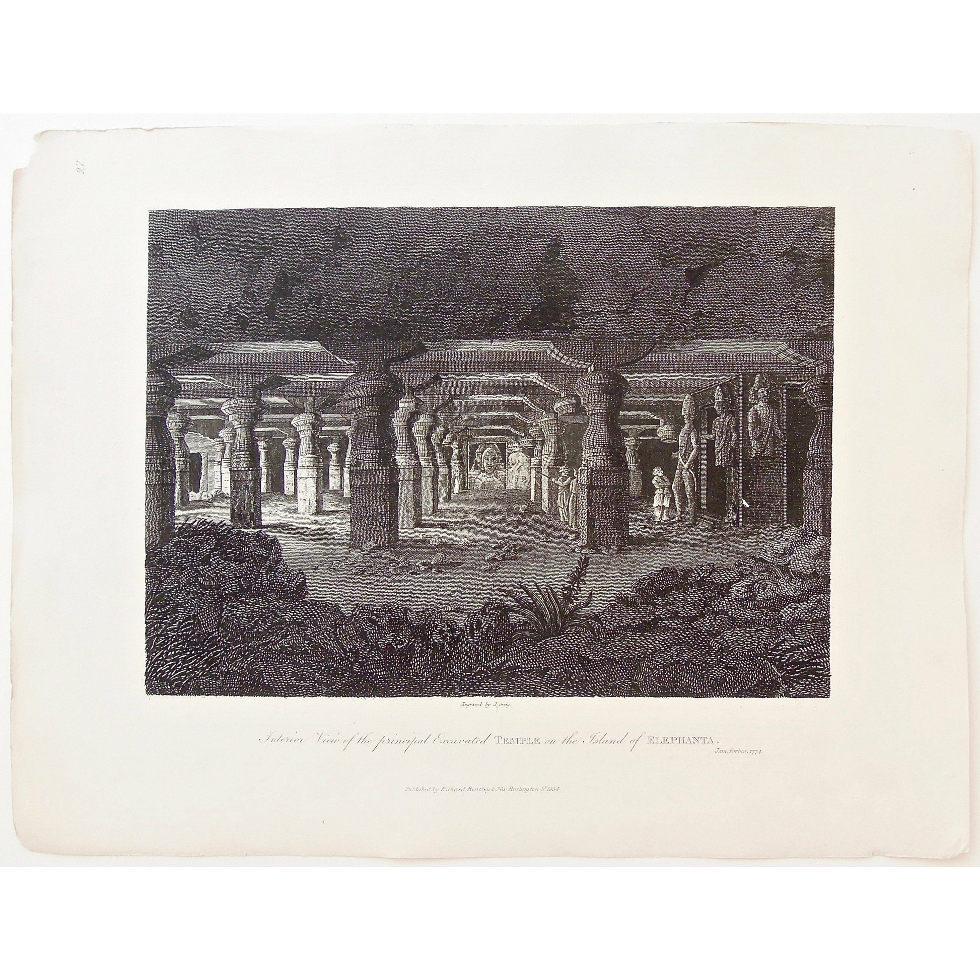 Interior View, Principal Excavated Temple, Excavated Temple, Temple, Temple on the Island of Elephanta, Island of Elephanta, Elephanta, Island, India, Indian, Indian Temple, Indian architecture, ancient architecture, Indian gods, Gods, sculptures, religious art, religious sculptures, pillars, temple pillars, James Forbes, Forbes, Eliza Rosée, Countess De Montalembert, Oriental Memoirs, Narrative of Seventeen Years Residence in India, Bentley, 8 New Burlington Street, London, Greig, Nichols & Son, 25 Parlia