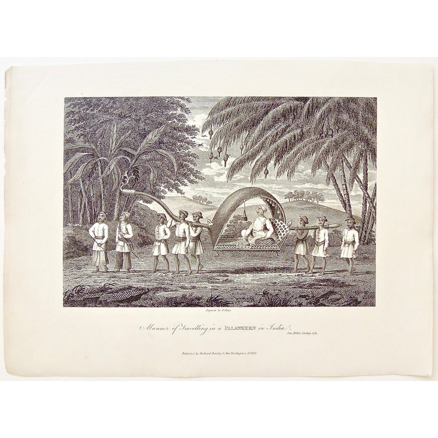 Manner of traveling in a Palankeen, Traveling in a Palankeen, Palankeen, India, Indian, Indian Palankeen, Carried in a Palankeen, Indian landscape, Indian scenery, Indian setting, James Forbes, Forbes, Eliza Rosée, Countess De Montalembert, Oriental Memoirs, Narrative of Seventeen Years Residence in India, Bentley, 8 New Burlington Street, London, Shury, Nichols & Son, 25 Parliament Street, 1781, 1834, Steel engraving, luxury, Antique Print, Antique, Prints, Vintage Prints, Vintage, Collector, Collectable,