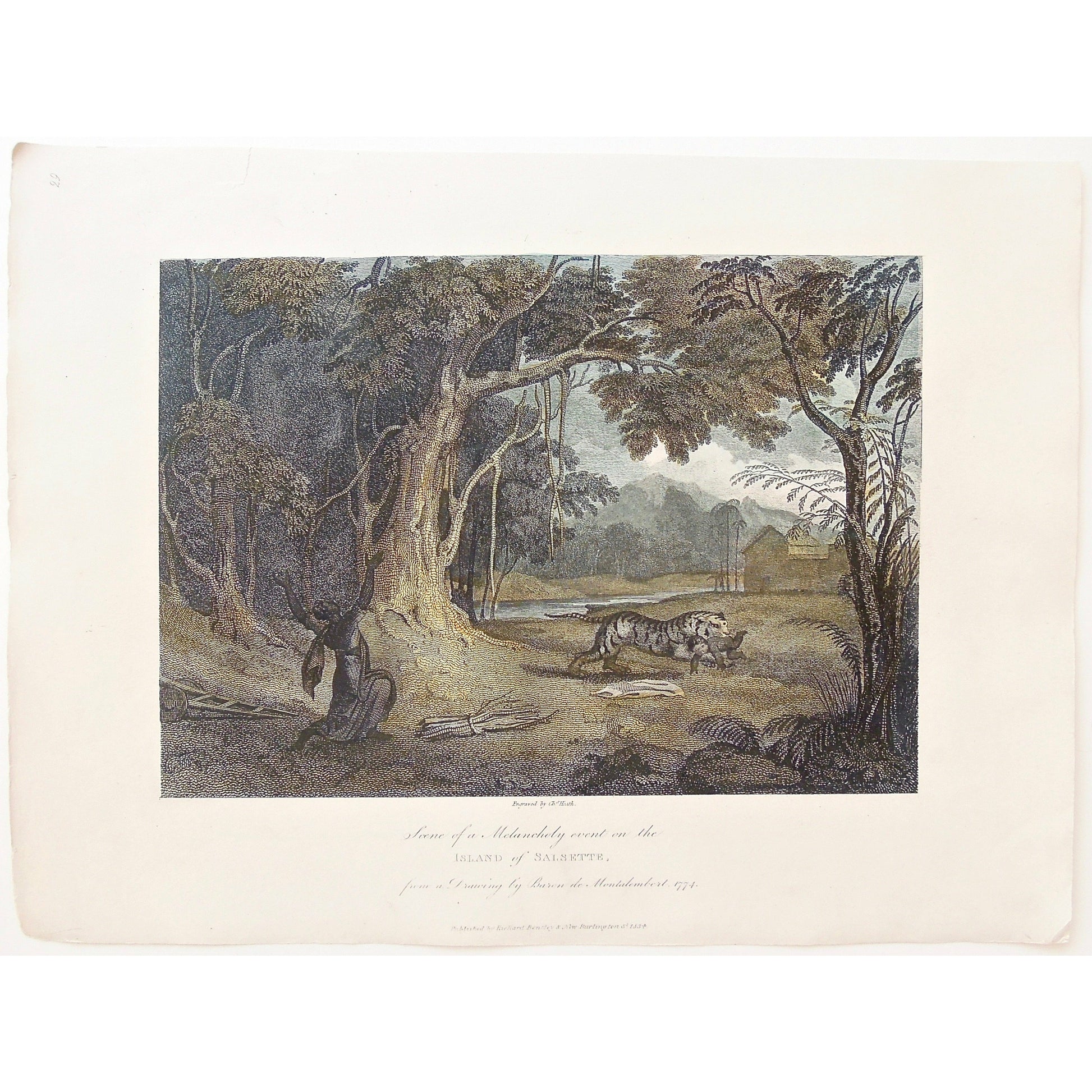 Scene of melancholy, Melancholy event, Island of Salsette, Tiger stealing a baby, Tiger, Stealing a baby, Wildlife, wild animal, Woman Crying, Attack, Bard de Montalembert, 1774, James Forbes, Forbes, Eliza Rosée, Countess De Montalembert, Oriental Memoirs, Narrative of Seventeen Years Residence in India, Bentley, 8 New Burlington Street, London, Heath, Nichols & Son, 25 Parliament Street, 1834, Steel engraving, Antique Print, Antique, Prints, Vintage Prints, Vintage, Collector, Collectable, Original, Uniq