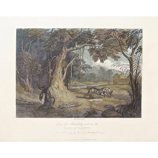 Scene of melancholy, Melancholy event, Island of Salsette, Tiger stealing a baby, Tiger, Stealing a baby, Wildlife, wild animal, Woman Crying, Attack, Bard de Montalembert, 1774, James Forbes, Forbes, Eliza Rosée, Countess De Montalembert, Oriental Memoirs, Narrative of Seventeen Years Residence in India, Bentley, 8 New Burlington Street, London, Heath, Nichols & Son, 25 Parliament Street, 1834, Steel engraving, Antique Print, Antique, Prints, Vintage Prints, Vintage, Collector, Collectable, Original, Uniq