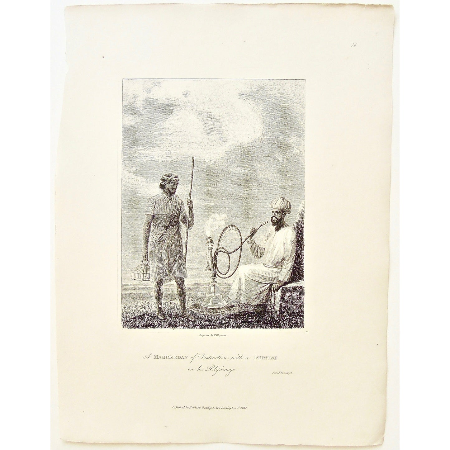 Mahomedian, Man of Distinction, Distinction, Dervise, Pilgrimage, Pilgirm, India, Indian, Hookah, Indian Attire, head dress, cage, Beads, Smoking a hookah, smoking, Walking stick, James Forbes, Forbes, Eliza Rosée, Countess De Montalembert, Oriental Memoirs, Narrative of Seventeen Years Residence in India, Bentley, 8 New Burlington Street, London, Wageman, Nichols & Son, 25 Parliament Street, 1768, 1834, Steel engraving, Antique Print, Antique, Prints, Vintage Prints, Vintage, Collector, Collectable, Origi