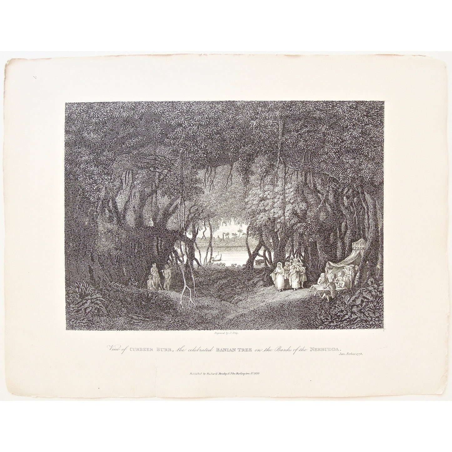 View, Cubbeer burr, Banian Tree, Banyan Tree, Trees, Banks of the Nerbudda, Banks, Nerbudda, ladies, tents, gathering, by the water, under the trees, India, Indian, James Forbes, Forbes, Eliza Rosée, Countess De Montalembert, Oriental Memoirs, Narrative of Seventeen Years Residence in India, Bentley, 8 New Burlington Street, London, Shury, Nichols & Son, 25 Parliament Street, 1778, 1834, Steel engraving, Antique Print, Antique, Prints, Vintage Prints, Vintage, Collector, Collectable, Original, Unique, Rare