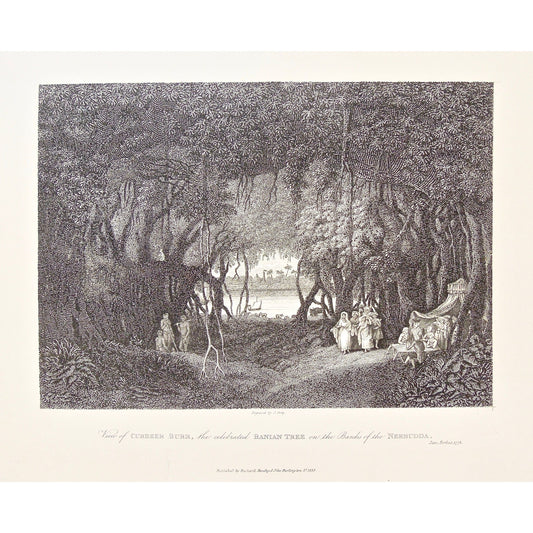 View, Cubbeer burr, Banian Tree, Banyan Tree, Trees, Banks of the Nerbudda, Banks, Nerbudda, ladies, tents, gathering, by the water, under the trees, India, Indian, James Forbes, Forbes, Eliza Rosée, Countess De Montalembert, Oriental Memoirs, Narrative of Seventeen Years Residence in India, Bentley, 8 New Burlington Street, London, Shury, Nichols & Son, 25 Parliament Street, 1778, 1834, Steel engraving, Antique Print, Antique, Prints, Vintage Prints, Vintage, Collector, Collectable, Original, Unique, Rare