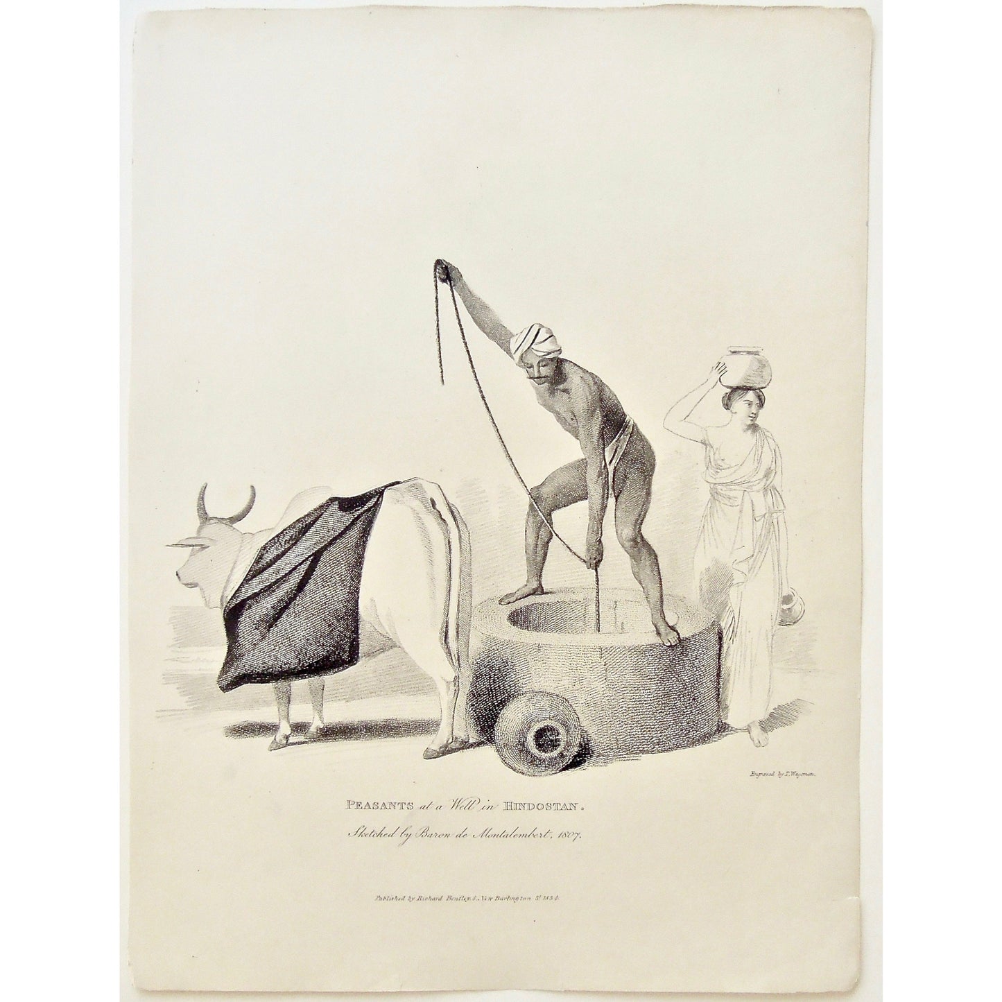 Peasants, Well, Wells, Hindostan, Indian, India, drawing water, from a well, cow, Cattle, Indian cow, lady, Carrying water on head, James Forbes, Forbes, Eliza Rosée, Countess De Montalembert, Oriental Memoirs, Narrative of Seventeen Years Residence in India, Bentley, 8 New Burlington Street, London, Wageman, Nichols & Son, 25 Parliament Street, 1834, Steel engraving, Antique Print, Antique, Prints, Vintage Prints, Vintage, Collector, Collectable, Original, Unique, Rare Map, Rare, Rare books, engravings,