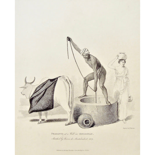 Peasants, Well, Wells, Hindostan, Indian, India, drawing water, from a well, cow, Cattle, Indian cow, lady, Carrying water on head, James Forbes, Forbes, Eliza Rosée, Countess De Montalembert, Oriental Memoirs, Narrative of Seventeen Years Residence in India, Bentley, 8 New Burlington Street, London, Wageman, Nichols & Son, 25 Parliament Street, 1834, Steel engraving, Antique Print, Antique, Prints, Vintage Prints, Vintage, Collector, Collectable, Original, Unique, Rare Map, Rare, Rare books, engravings, 