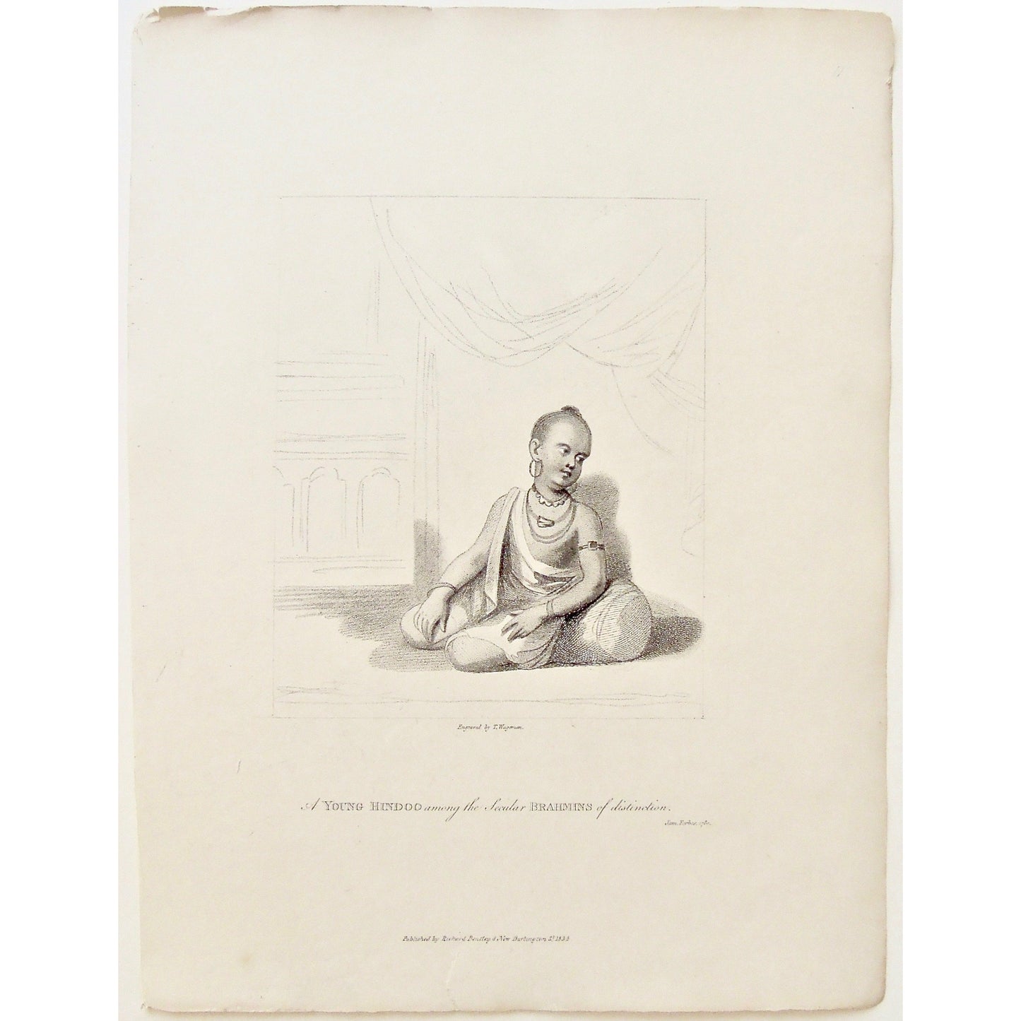 Young Hindoo, Hindu, Hindu Child, Child, Children, Hindu children, Young Hindu, India, Indian, jewelry, clothing, attire, resting, earrings, Secular, Secular Brahmins of Distinction, Brahmin, Brahmin of distinction, of distinction, James Forbes, Forbes, Eliza Rosée, Countess De Montalembert, Oriental Memoirs, Narrative of Seventeen Years Residence in India, Bentley, 8 New Burlington Street, London, Wageman, Nichols & Son, 25 Parliament Street, 1780, 1834, Steel engraving, Antique Print, Antique, Prints,