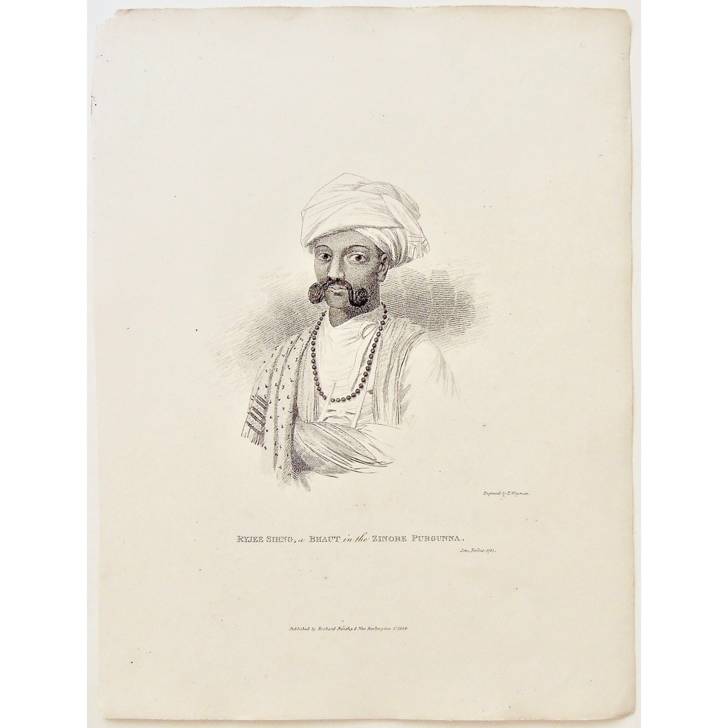 Ryjee Sihng, Ryjee, Sihng, Singh, Zinore, Zinore Purgunna, Purgunna, Indian, Indian Man, Man, India, Head scarf, moustache, necklace, clothing, attire, dress, portrait, James Forbes, Forbes, Eliza Rosée, Countess De Montalembert, Oriental Memoirs, Narrative of Seventeen Years Residence in India, Bentley, 8 New Burlington Street, London, Wageman, Nichols & Son, 25 Parliament Street, 1782, 1834, Steel engraving, Antique Print, Antique, Prints, Vintage Prints, Vintage, Collector, Collectable, Original, Unique