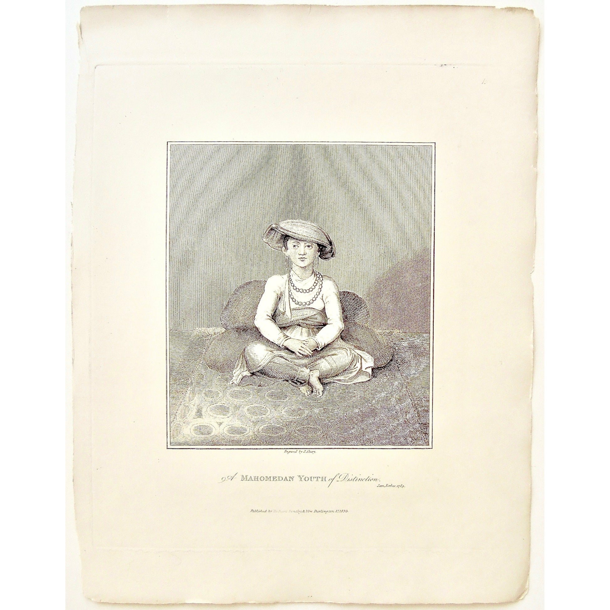 Mahomedan, Mahomedan Youth of distinction, Mahomedan Youth, Mahomedan of distinction, of distinction, Youth, Hat, Jewelry, necklaces, earrings, seated, portrait, India, Indian girl, Indian, James Forbes, Forbes, Eliza Rosée, Countess De Montalembert, Oriental Memoirs, Narrative of Seventeen Years Residence in India, Bentley, 8 New Burlington Street, London, Shury, Nichols & Son, 25 Parliament Street, 1769, 1834, Steel engraving, Antique Print, Antique, Prints, Vintage Prints, Vintage, Collector, Collect