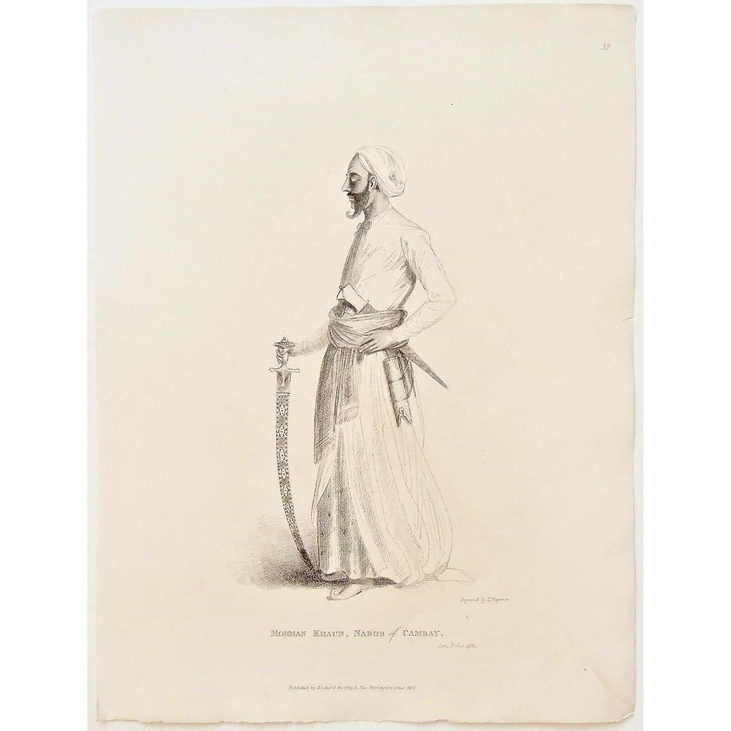 Mohman, Mohman Khaun, Khaun, Khan, Narob of Cambay, Narob, Cambay, Indian, Indian Man, Man, India, Sword, Indian Sword, attire, clothing, dress, beard, head scarf, knives, swords, sword casing, portrait, James Forbes, Forbes, Eliza Rosée, Countess De Montalembert, Oriental Memoirs, Narrative of Seventeen Years Residence in India, Bentley, 8 New Burlington Street, London, Wageman, Nichols & Son, 25 Parliament Street, 1781, 1834, Steel engraving, Antique Print, Antique, Prints, Vintage Prints, Vintage, Colle