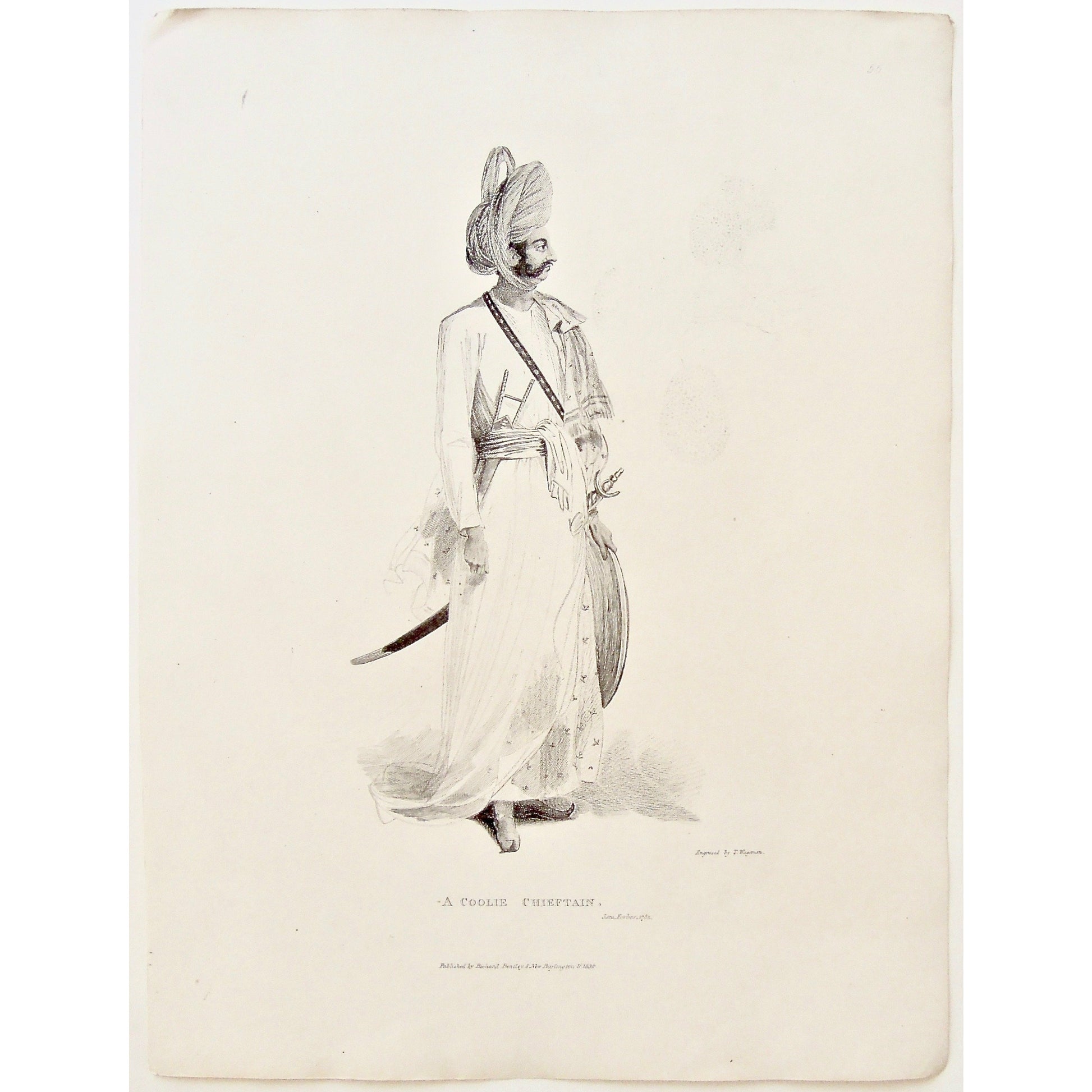 Coolie Chieftain, Coolie, Chief, Chieftain, Man, Portrait, Portraiture, Sword, Sheild, Clothes, Dress, attire, Head scarf, Head dress, traditional, India, Indian, James Forbes, Forbes, Eliza Rosée, Countess De Montalembert, Oriental Memoirs, Narrative of Seventeen Years Residence in India, Bentley, 8 New Burlington Street, London, Wageman Nichols & Son, 25 Parliament Street, 1781, 1834, Steel engraving, Antique Print, Antique Prints, Prints, Printmaking, Antique, Original, Rare, Rare books, Black and white
