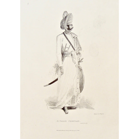 Coolie Chieftain, Coolie, Chief, Chieftain, Man, Portrait, Portraiture, Sword, Sheild, Clothes, Dress, attire, Head scarf, Head dress, traditional, India, Indian, James Forbes, Forbes, Eliza Rosée, Countess De Montalembert, Oriental Memoirs, Narrative of Seventeen Years Residence in India, Bentley, 8 New Burlington Street, London, Wageman Nichols & Son, 25 Parliament Street, 1781, 1834, Steel engraving, Antique Print, Antique Prints, Prints, Printmaking, Antique, Original, Rare, Rare books, Black and white