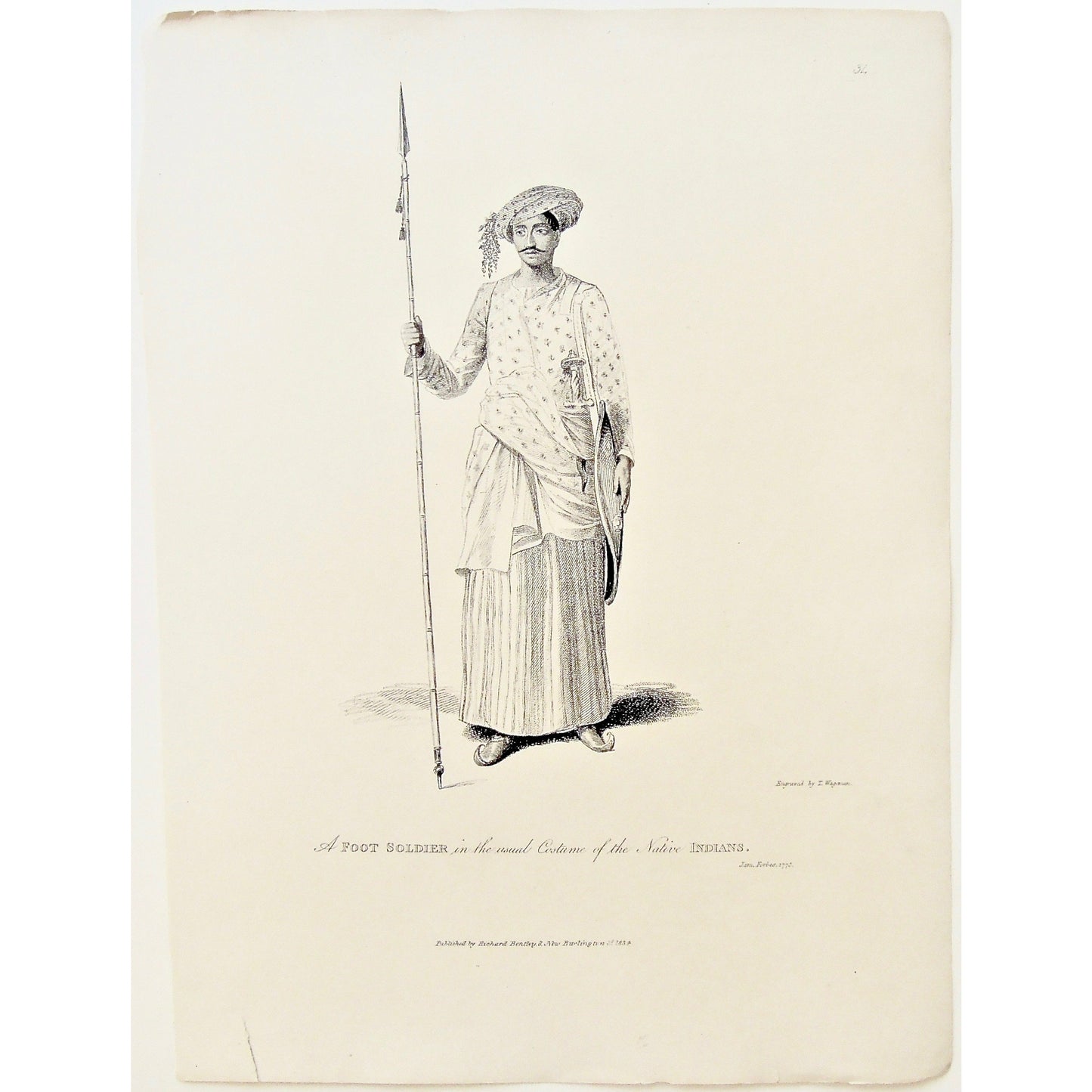 Foot Soldier, Soldier, Casual Costume, Costume, Casual, Native Indians, India, Dress, Attire, Clothing, Sword, Sheild, Dagger, head scrarf, James Forbes, Forbes, Eliza Rosée, Countess De Montalembert, Oriental Memoirs, Narrative of Seventeen Years Residence in India, Bentley, 8 New Burlington Street, London, Wageman, Nichols & Son, 25 Parliament Street, 1775, 1834, Steel engraving, Antique Print, Antique Prints, Vintage, Prints, Printmaking, Original, Rare, Rare books, Unique, Collectable, Art, Wall decor,