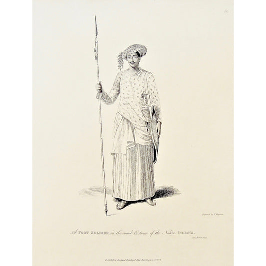Foot Soldier, Soldier, Casual Costume, Costume, Casual, Native Indians, India, Dress, Attire, Clothing, Sword, Sheild, Dagger, head scrarf, James Forbes, Forbes, Eliza Rosée, Countess De Montalembert, Oriental Memoirs, Narrative of Seventeen Years Residence in India, Bentley, 8 New Burlington Street, London, Wageman, Nichols & Son, 25 Parliament Street, 1775, 1834, Steel engraving, Antique Print, Antique Prints, Vintage, Prints, Printmaking, Original, Rare, Rare books, Unique, Collectable, Art, Wall decor,