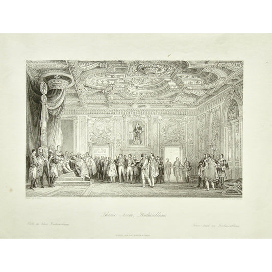 France, France Illustrated, Throne, Throne Room, Throne Room Fontainebleau, Fontainebleau, Royal, Royalty, Thrones, Salle de trône, Trône, Thron Saal, Thron, Coffered Ceiling, Ceilings Ornate ceilings, Roi, King, Kings, seated at the throne, bowing to the king, Château de Fontainebleau, Castle of Fontainebleau, Castle, Palace of Fontainebleau, School of Fontainebleau, UNESCO World Heritage Site, Royal Palace, Coffered Ceilings, ornate Architecture, Ornate, Throne room of Napoleon, Napoleon, Carved woodwo